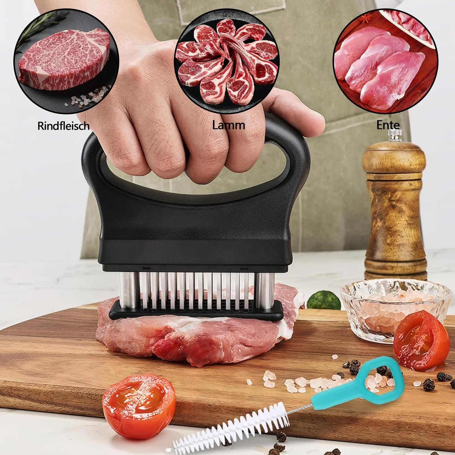 Ablandador de Carne, 48 Cuchillas, Acero Inoxidable, Antideslizante, Apto para Lavavajillas