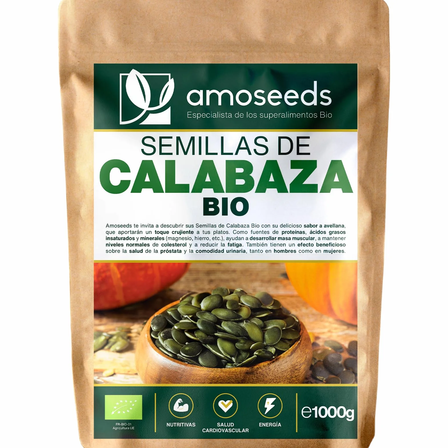 Semillas de Calabaza BIO 1kg Origen Europa Pipas de Calabaza 100% Orgánicas Peladas sin Sal