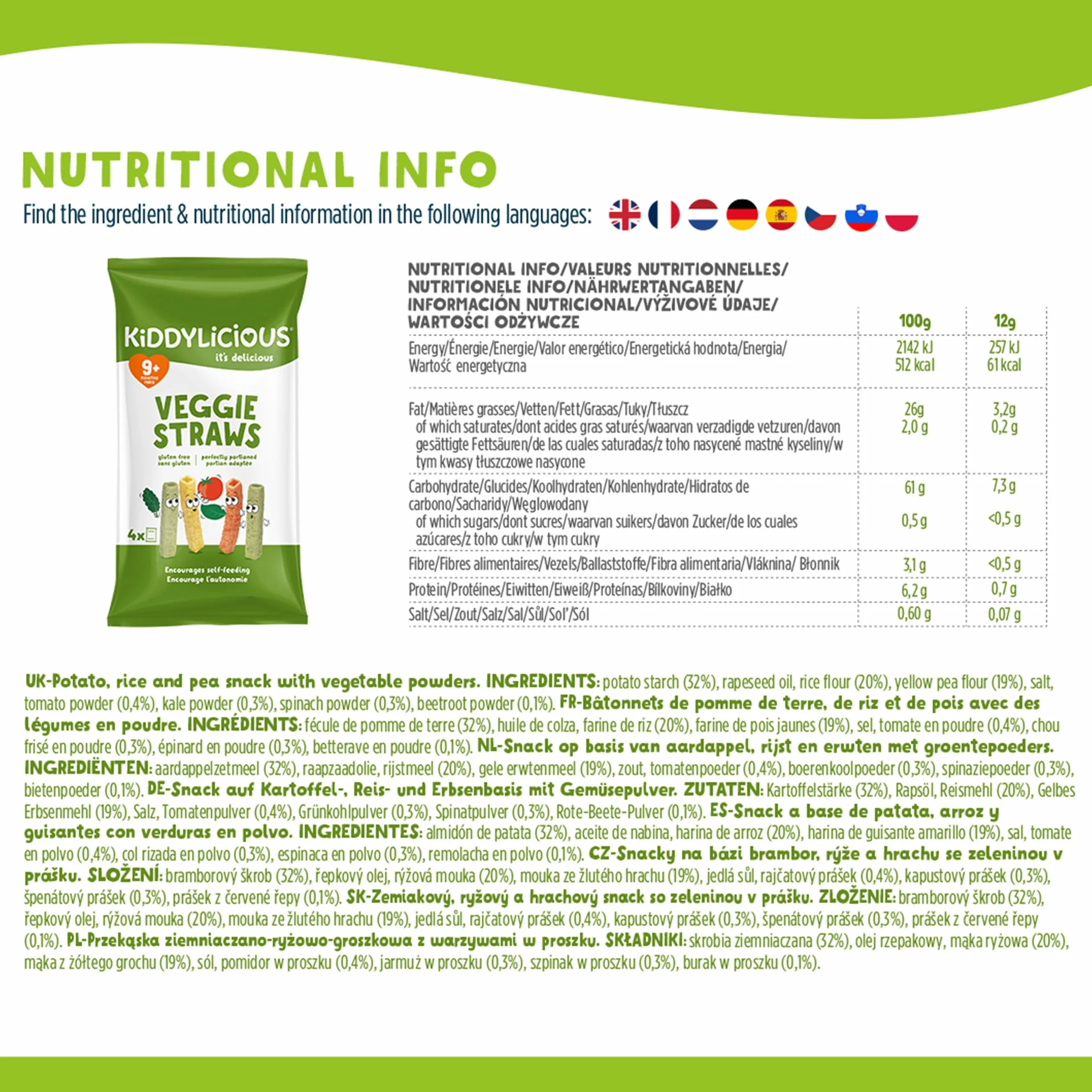 Kiddylicious Veggie Straws Snacks para Bebés 9 Meses 4 Paquetes 48g 192g