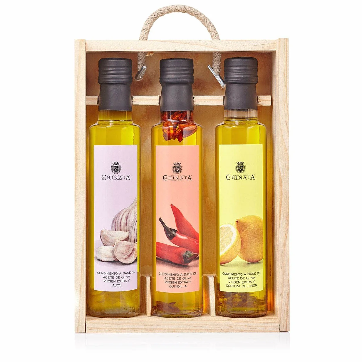 La Chinata Estuche 3 Condimentos con AOVE Aceites de Oliva Virgen Extra Aromatizados Ajo Guindilla Limón 3x250ml