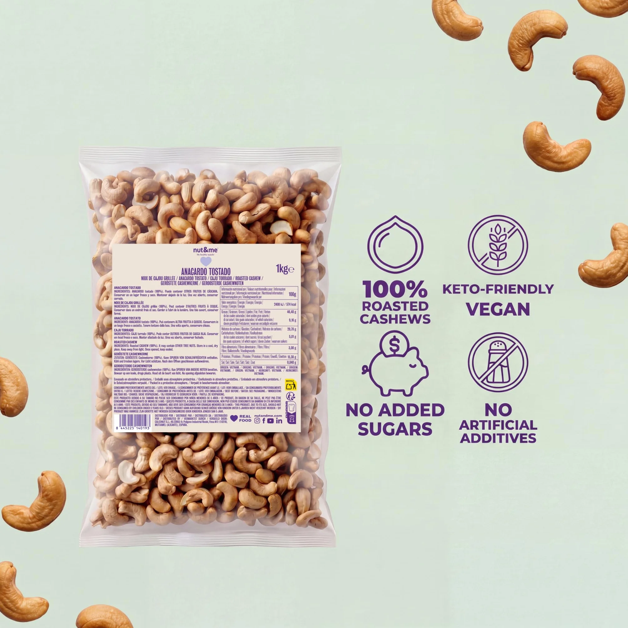 Anacardos enteros tostados sin sal 1 kg nut&me sin gluten vegano natural alto en proteínas snack saludable