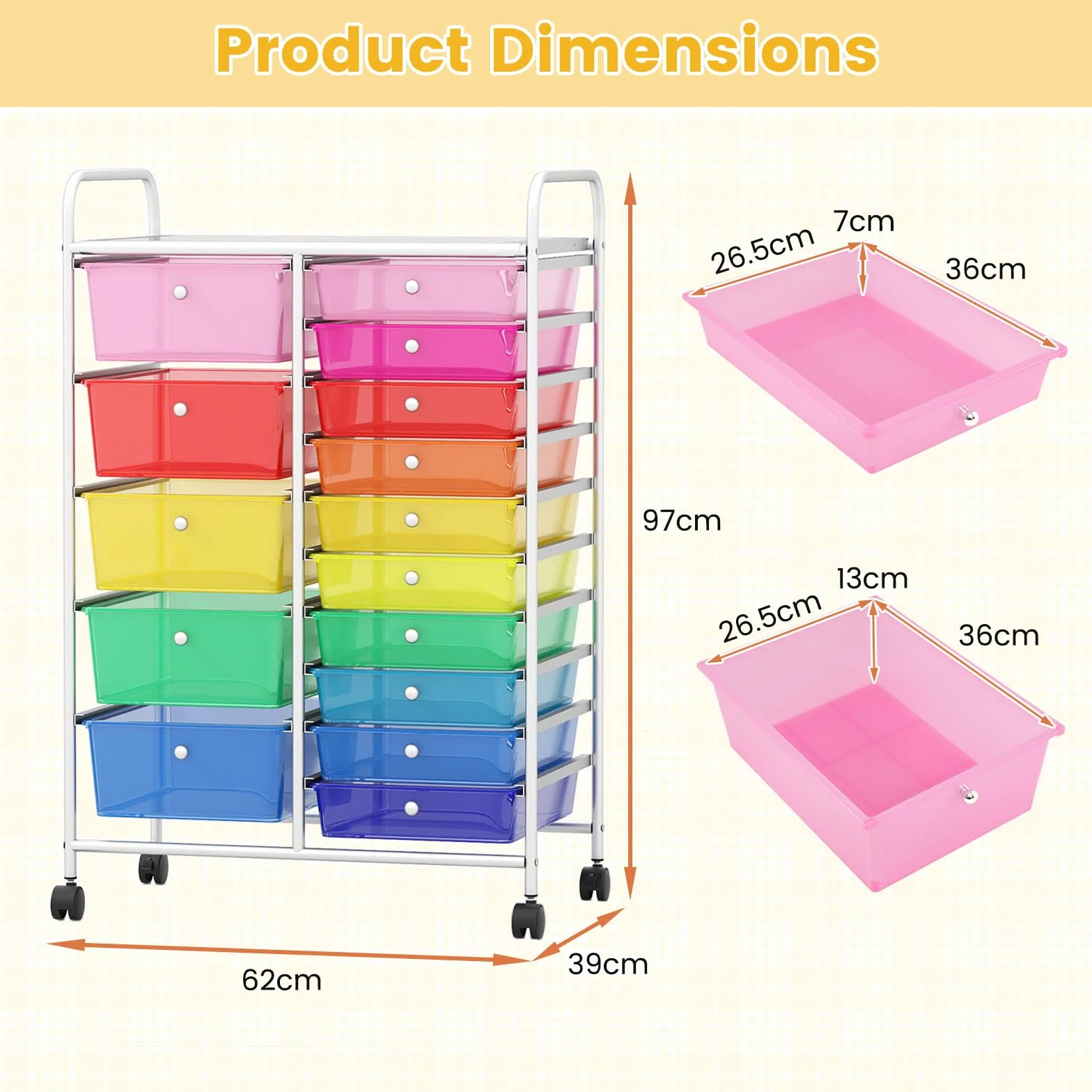 GIANTEX Carro de Almacenamiento 15 Cajones de Plástico, Cajonera con 4 Ruedas, Carrito Auxiliar con Marco de Metal, Organizador para Oficina, Salón, Cocina (Transparente Colorido)