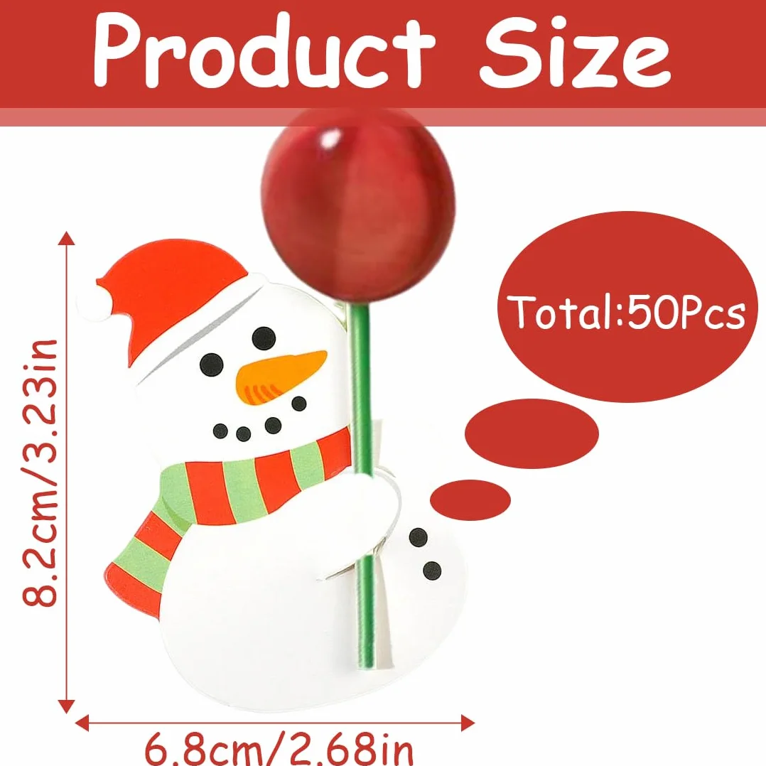 Soportes para tarjetas de navidad, Paquete de 50 tarjetas de papel para piruletas navideñas soporte para piruletas navideñas etiqueta de papel tarjeta de embalaje de muñeco de nieve