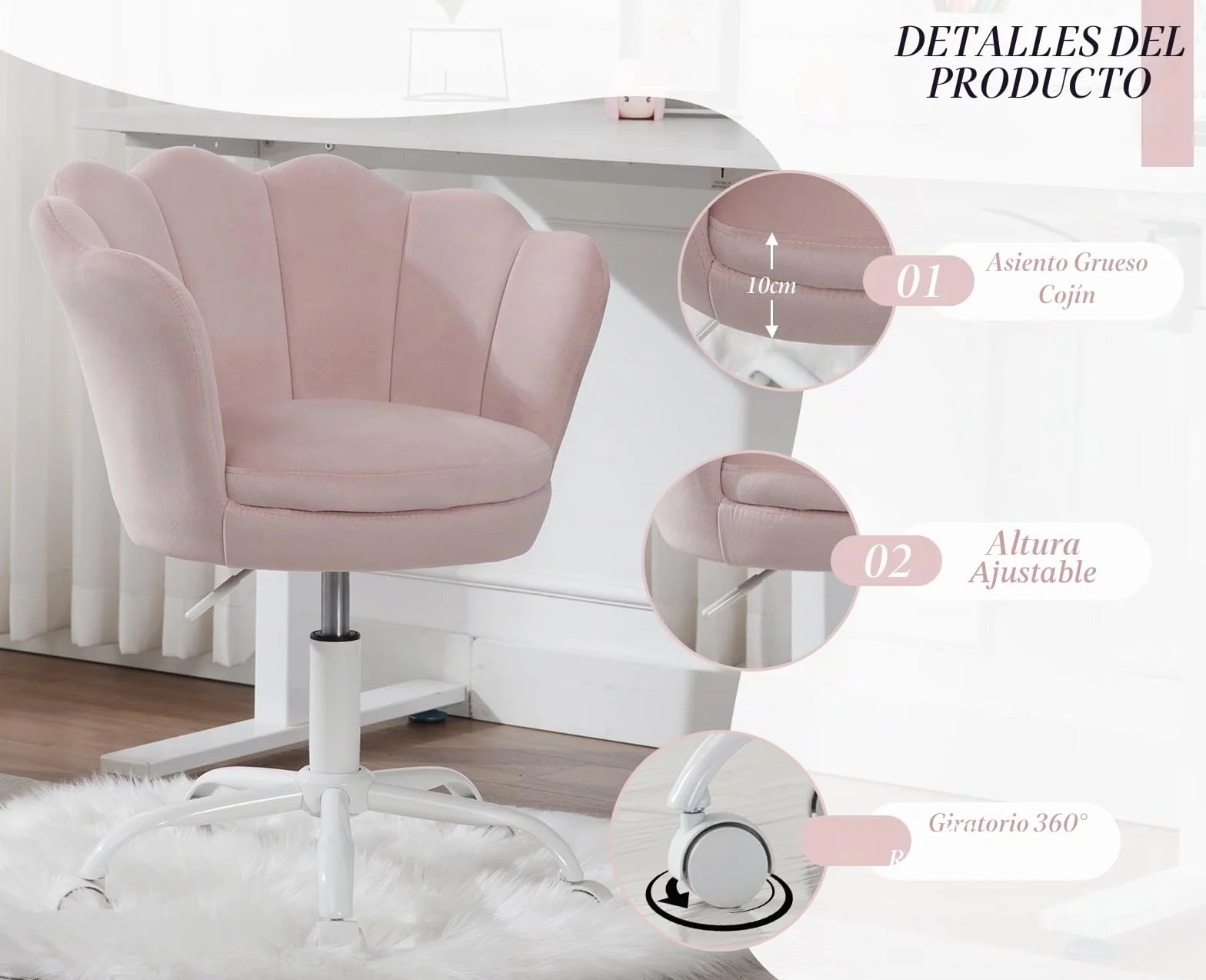 Ya-Home Silla Infantil de Escritorio Silla Giratoria Terciopelo de Estudio,Silla de Oficina Ajustable en Altura para Niños/Juvenil,Rosa Claro