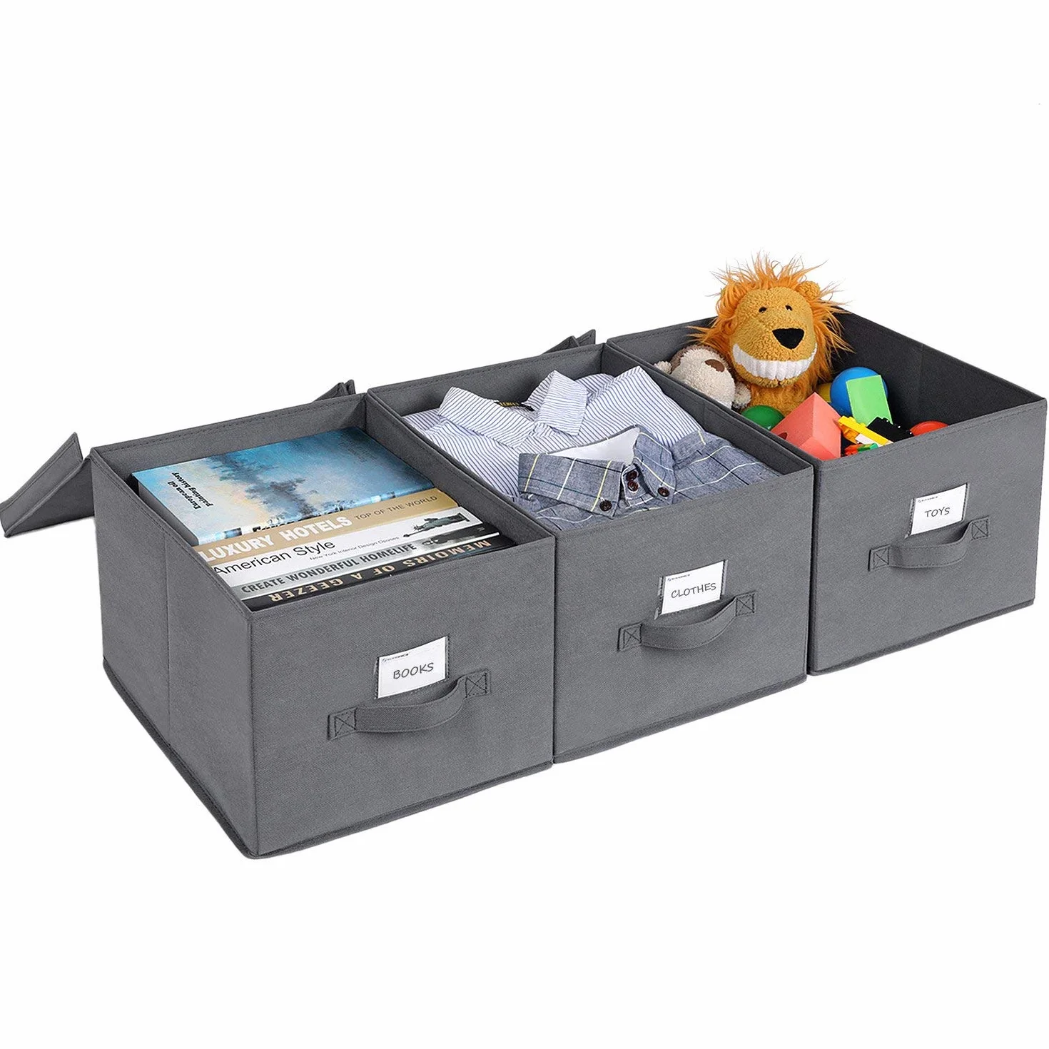 SONGMICS Juego de 3 cajas de almacenamiento plegables con tapas, cubo de tela mon-tejida, 40 x 30 x 25 cm, gris