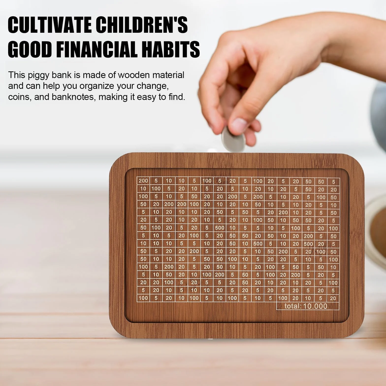 Hucha de madera, hucha de madera, con contador, banco para billetes, monedas con objetivo de ahorro y cifras, reutilizable para niños, Sparziel 10000