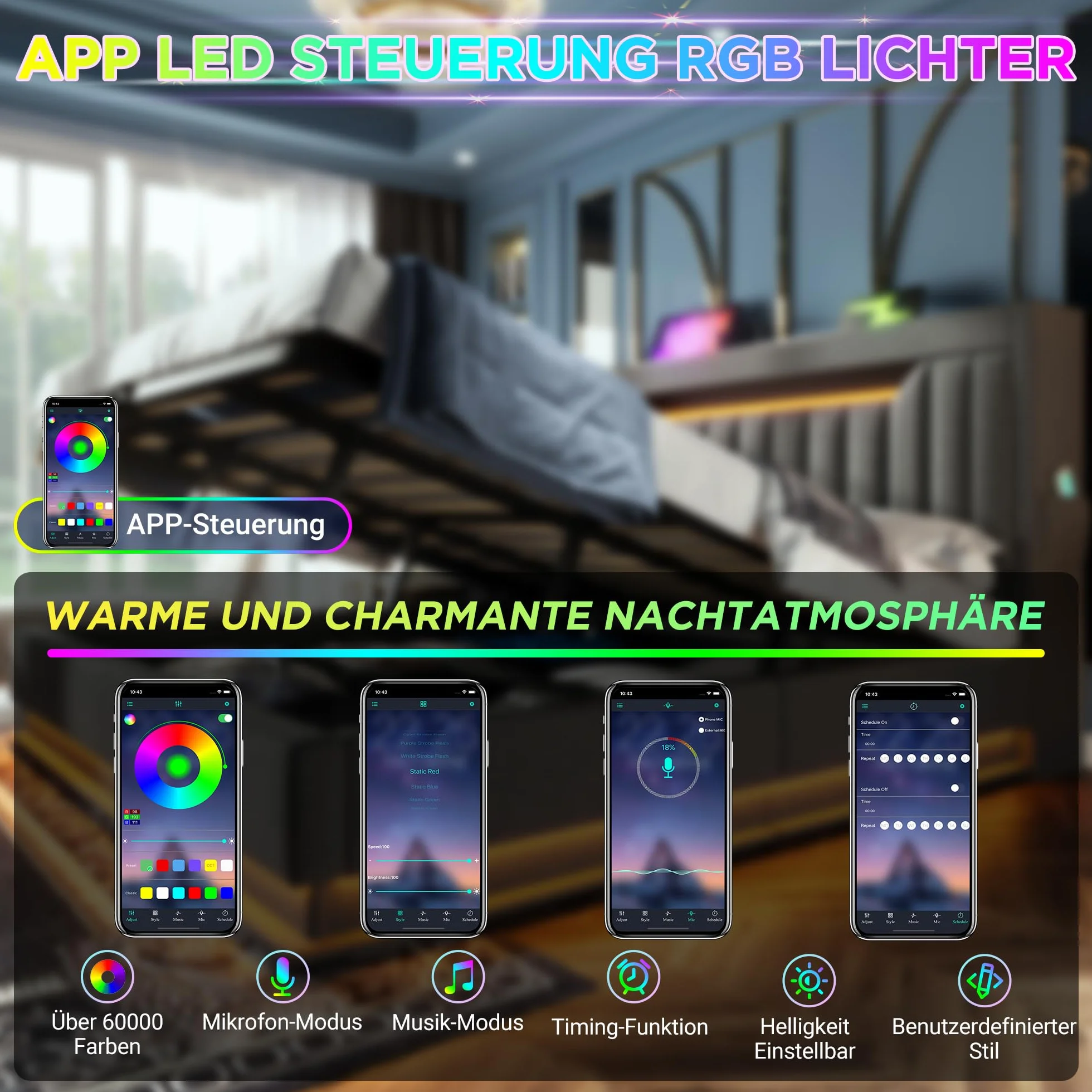 Cama LED Huayz 90x200 con almacenamiento y carga USB
