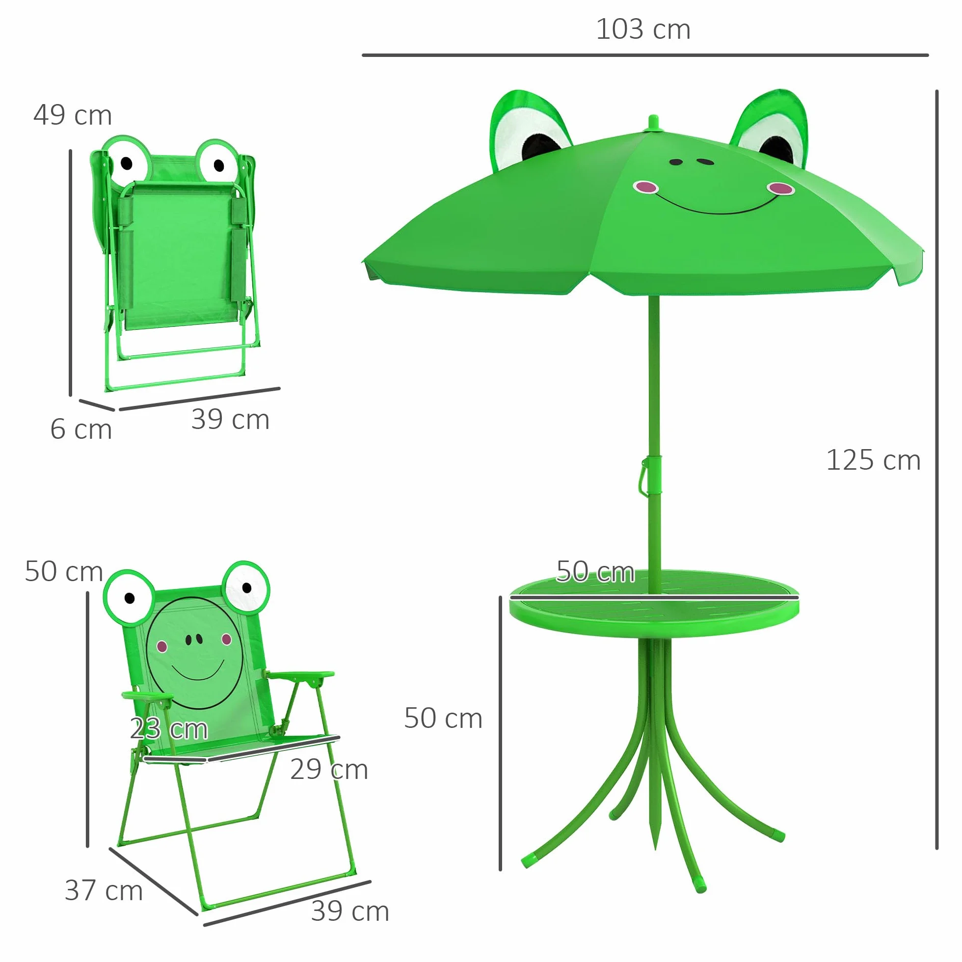 Outsunny Set de Mesa y Sillas Infantil de Jardín Plegable con Sombrilla Ajustable 100-125 cm Verde