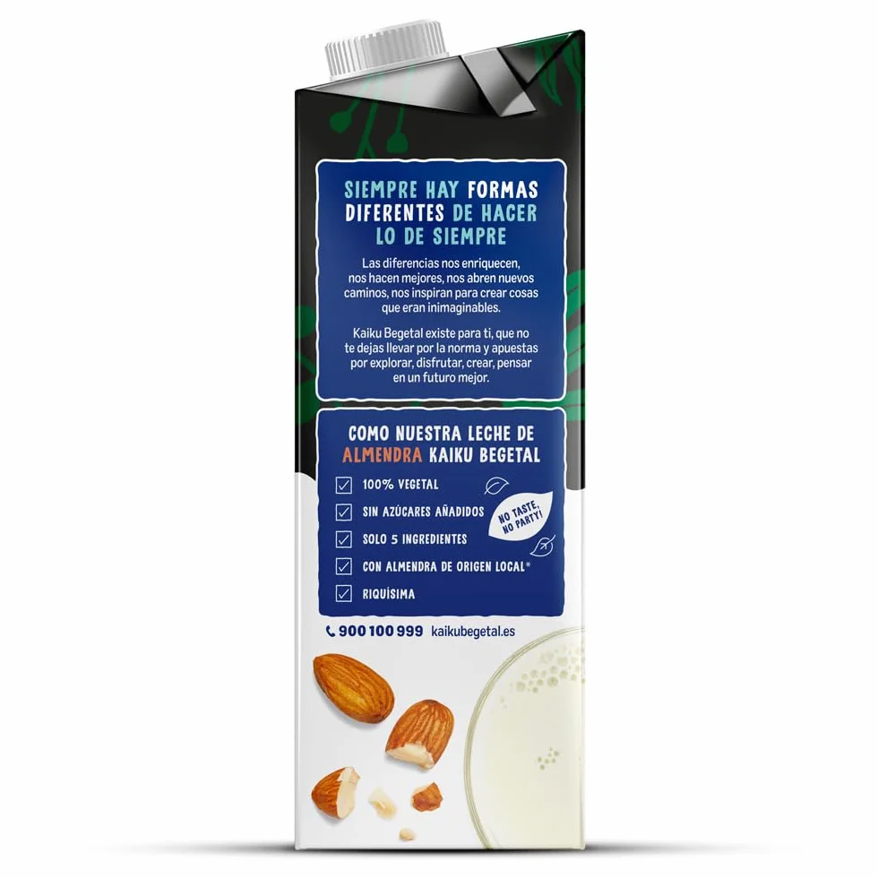 KAIKU BEGETAL Bebida de Almendra Pack 6 x 1 L, 100% Vegetal, Sin Azúcares Añadidos, Vegana y Sin Gluten