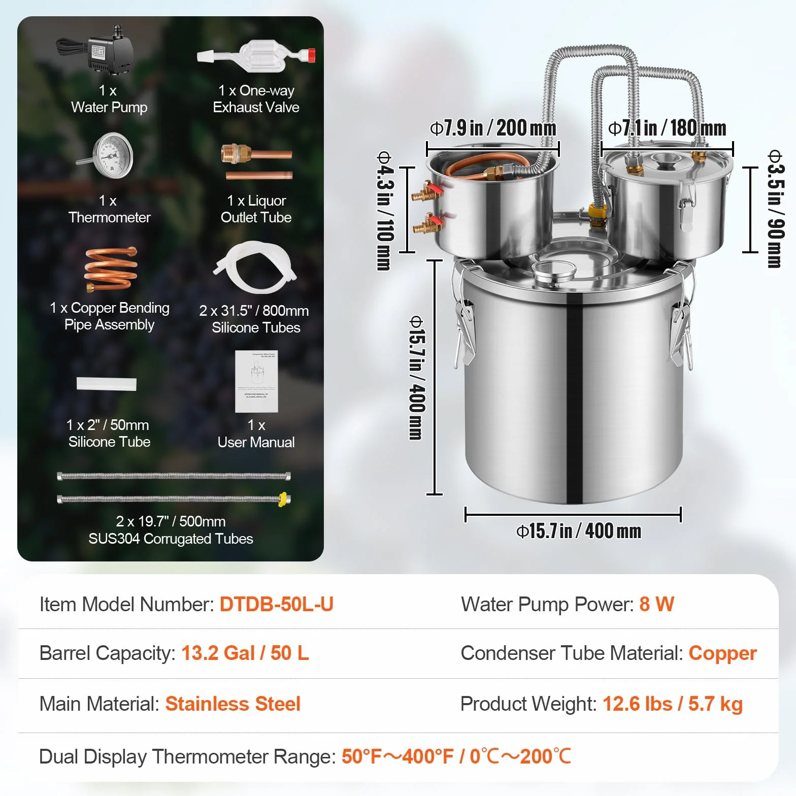 VEVOR Destilador de Alcohol de Acero Inoxidable de 50 L con Bobina de Cobre, Doble Condensador
