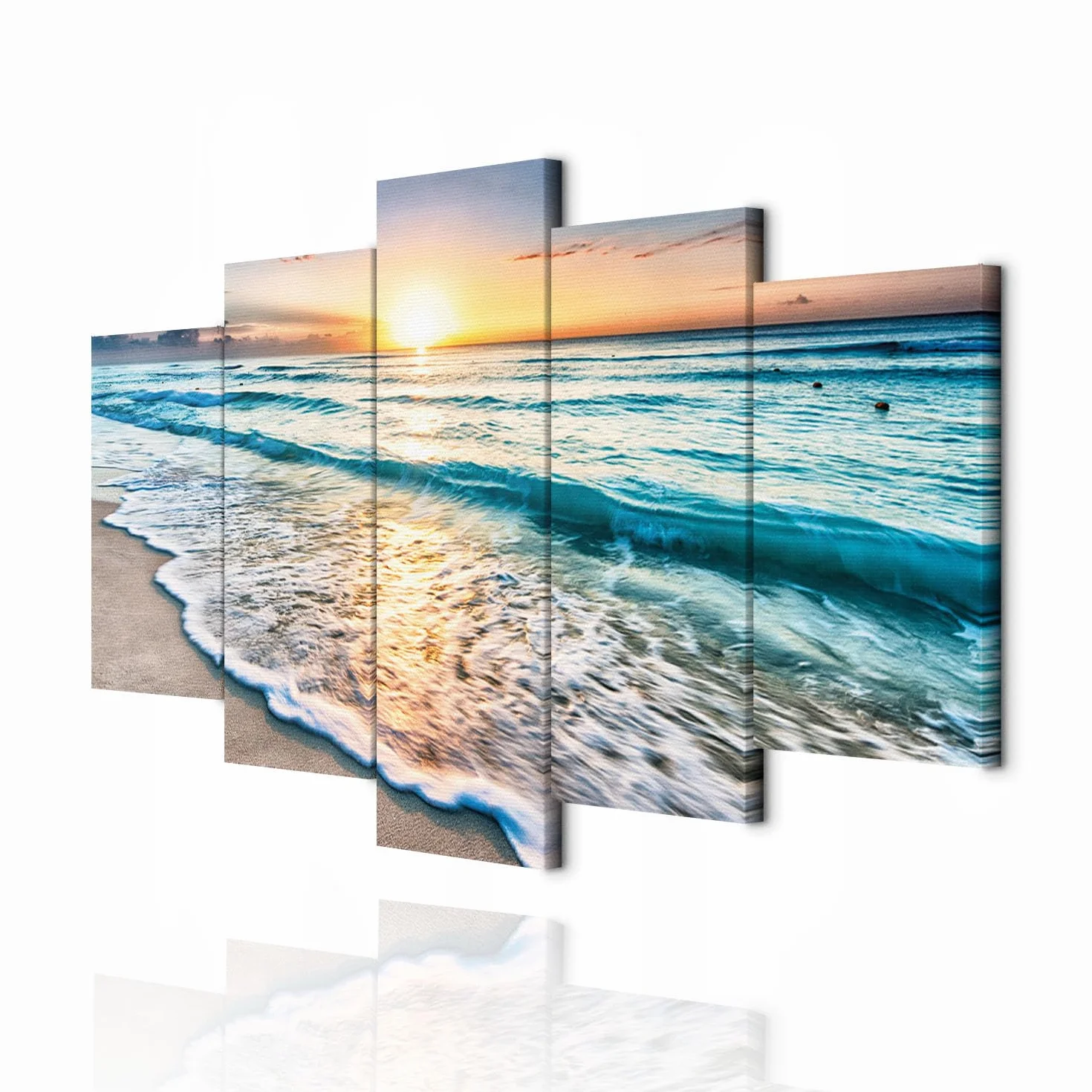 decomonkey Cuadro Lienzo Mar Playa puesta de sol 200x100 cm 5 piezas | Impresión sobre material tejido no tejido, decoración de cuadro de pared, gráfica fotográfica, para salón, Paisaje, diseño 32