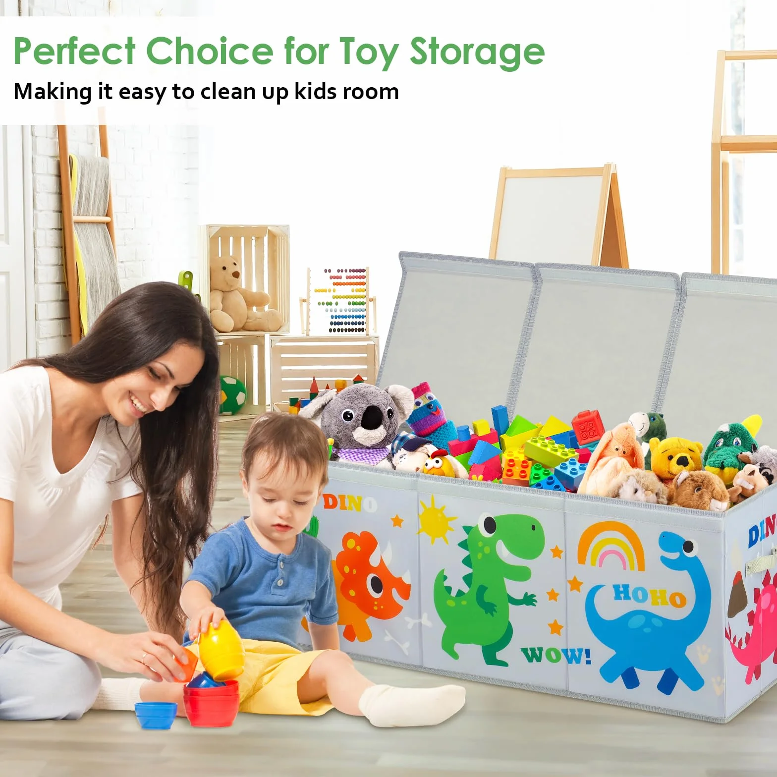 decalsweet Caja de Juguete Extra Grande con Tapa Abatible, Caja Almacenaje Oxford Plegable con Asa para Niños Niñas, Baúl Juguetes y Almacenamiento Impermeable Resistente, 96×32×40 (Dinosaurios Gris)
