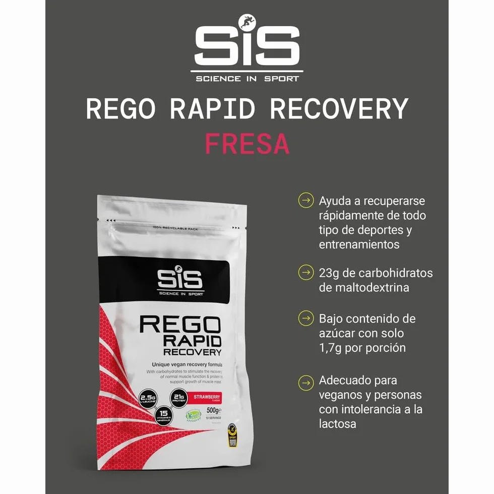 Science in Sport Rego Rapid Recovery 500g Fresa Vegan Bebida regeneradora en polvo con carbohidratos, proteínas, electrolitos, vitaminas y minerales
