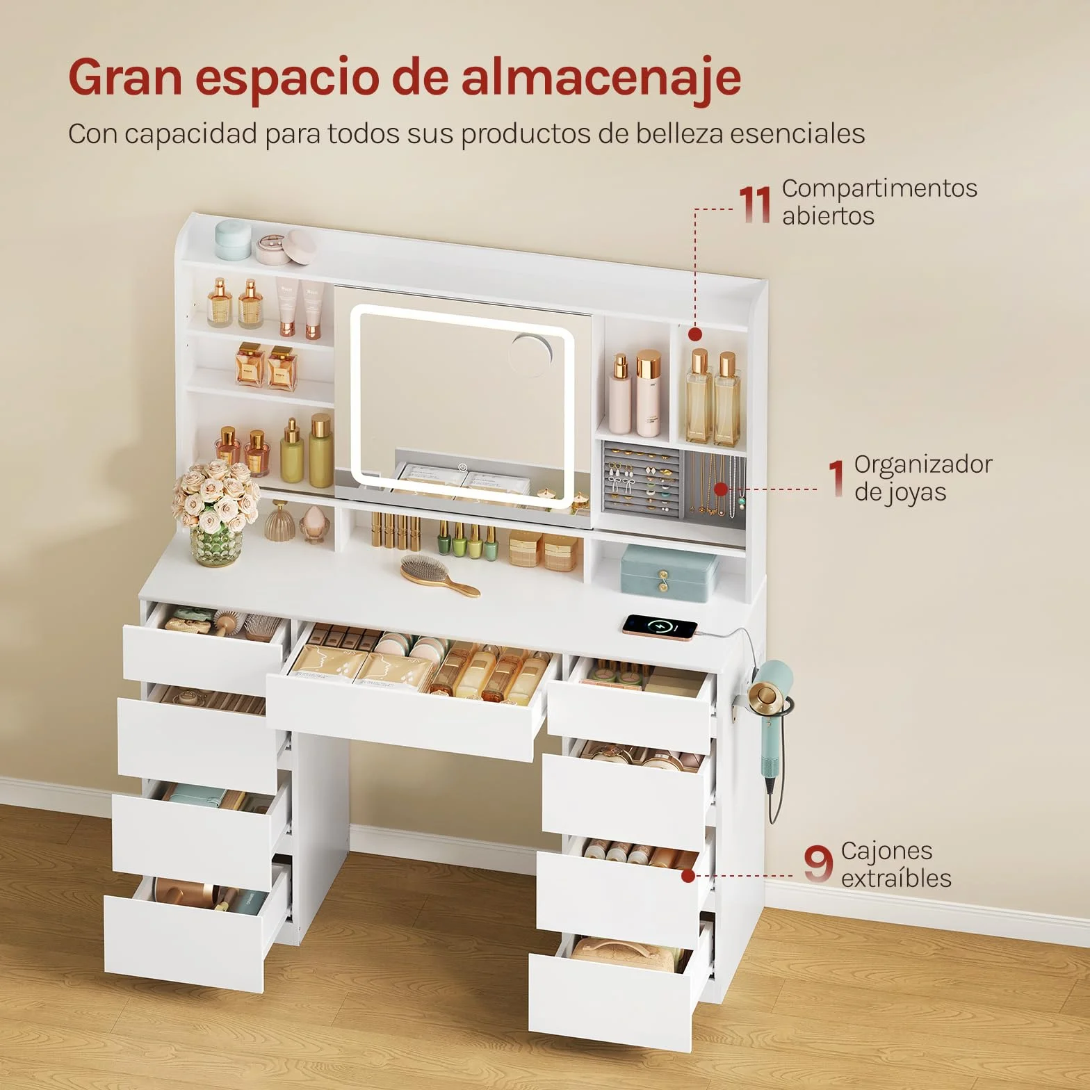 WOLTU Tocador de Maquillaje con 9 Cajones, 1 Bandeja de Joyas, Mesa Tocador Blanco con Espejo y Luz LED Ajustable, Estantes Abiertos, Estilo Moderno para Dormitorio