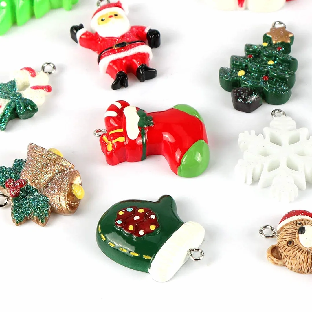 24 Piezas Mini Adornos Navideños Resina Papá Noel Árbol Navidad Muñeco Nieve Reno Colgantes Decoración