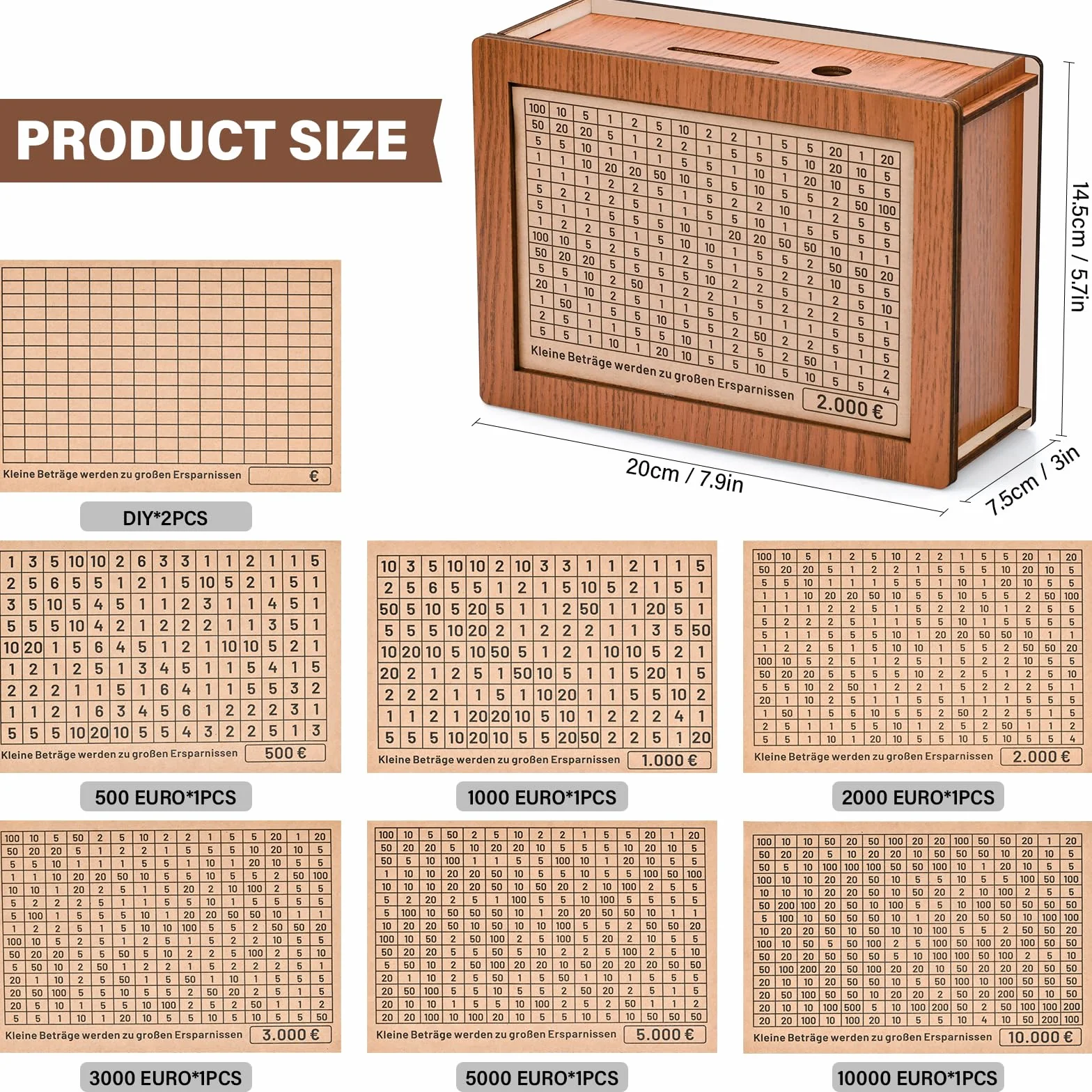 Caja de Ahorro de Madera Con Números Marcados - Hucha Retro 22x15x13 cm Con Destino de Ahorro - Almacenamiento Reutilizable €500 €1,000 €2,000 €3,000 €5,000 Euro