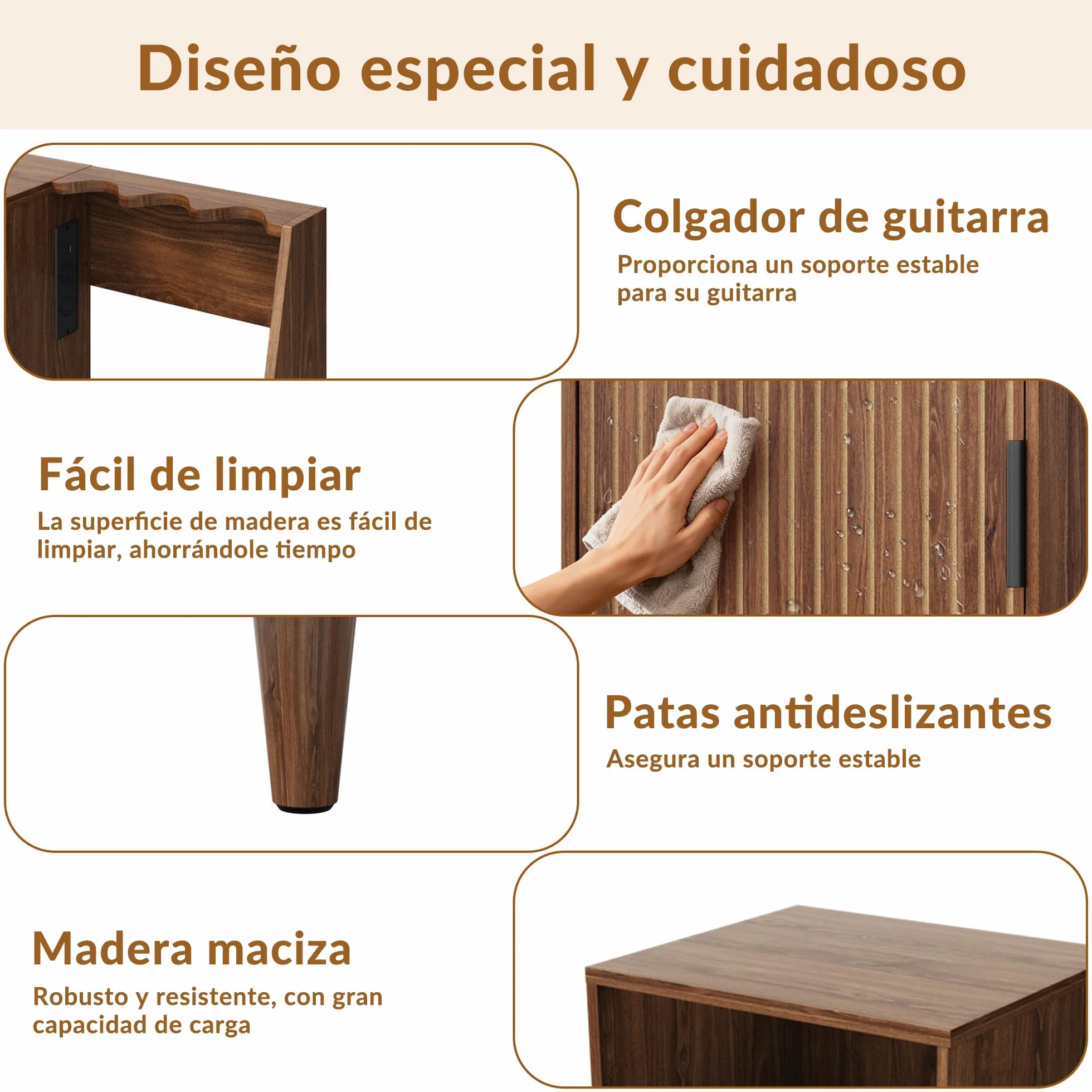 Mueble para Tocadiscos y Vinilos de Madera Vintage Mid-Century con Soporte para 3 Guitarras