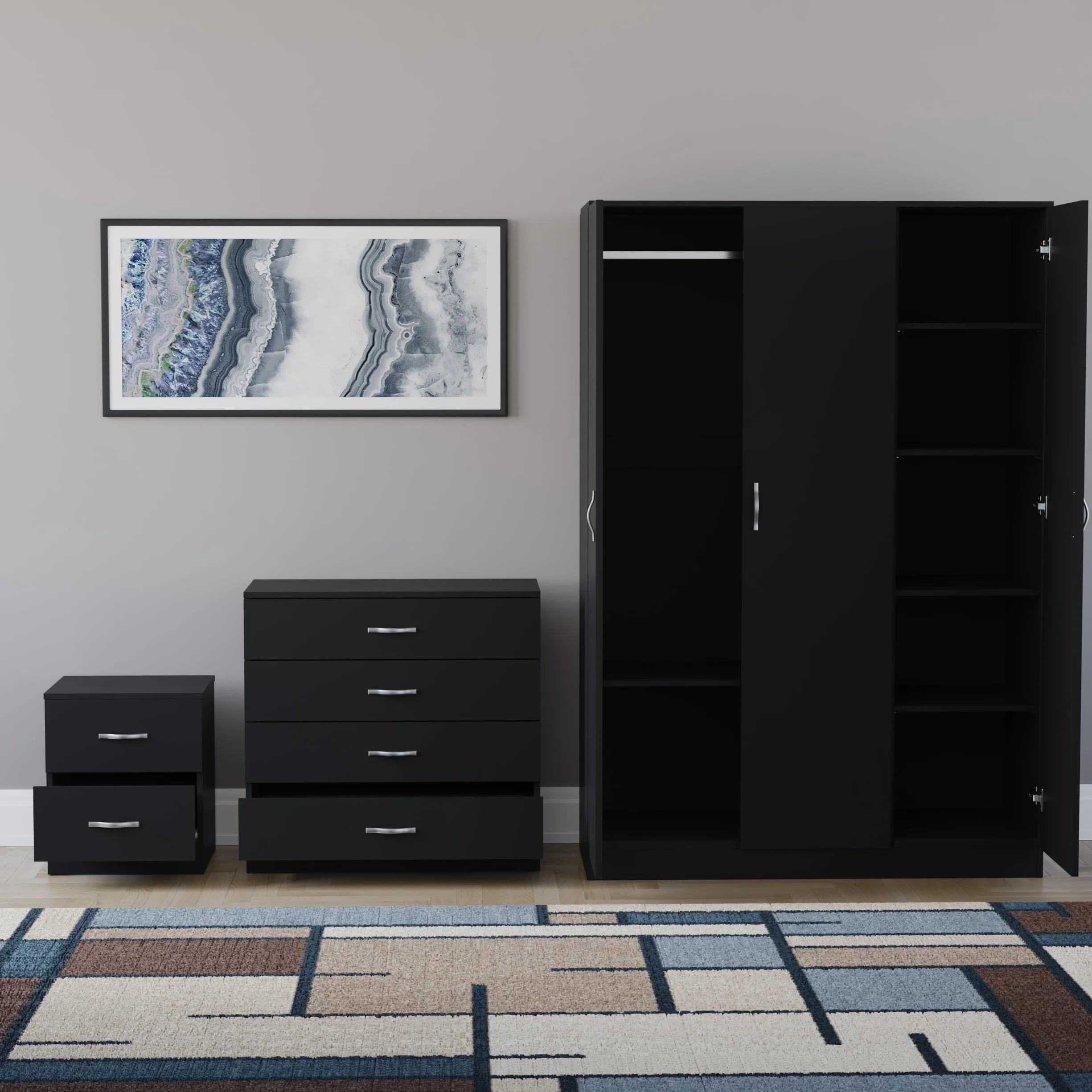 Vida Designs Riano - Juego de dormitorio de 3 piezas (mesita de noche de 2 cajones, cómoda de 4 cajones, armario de 3 puertas), color negro (5)