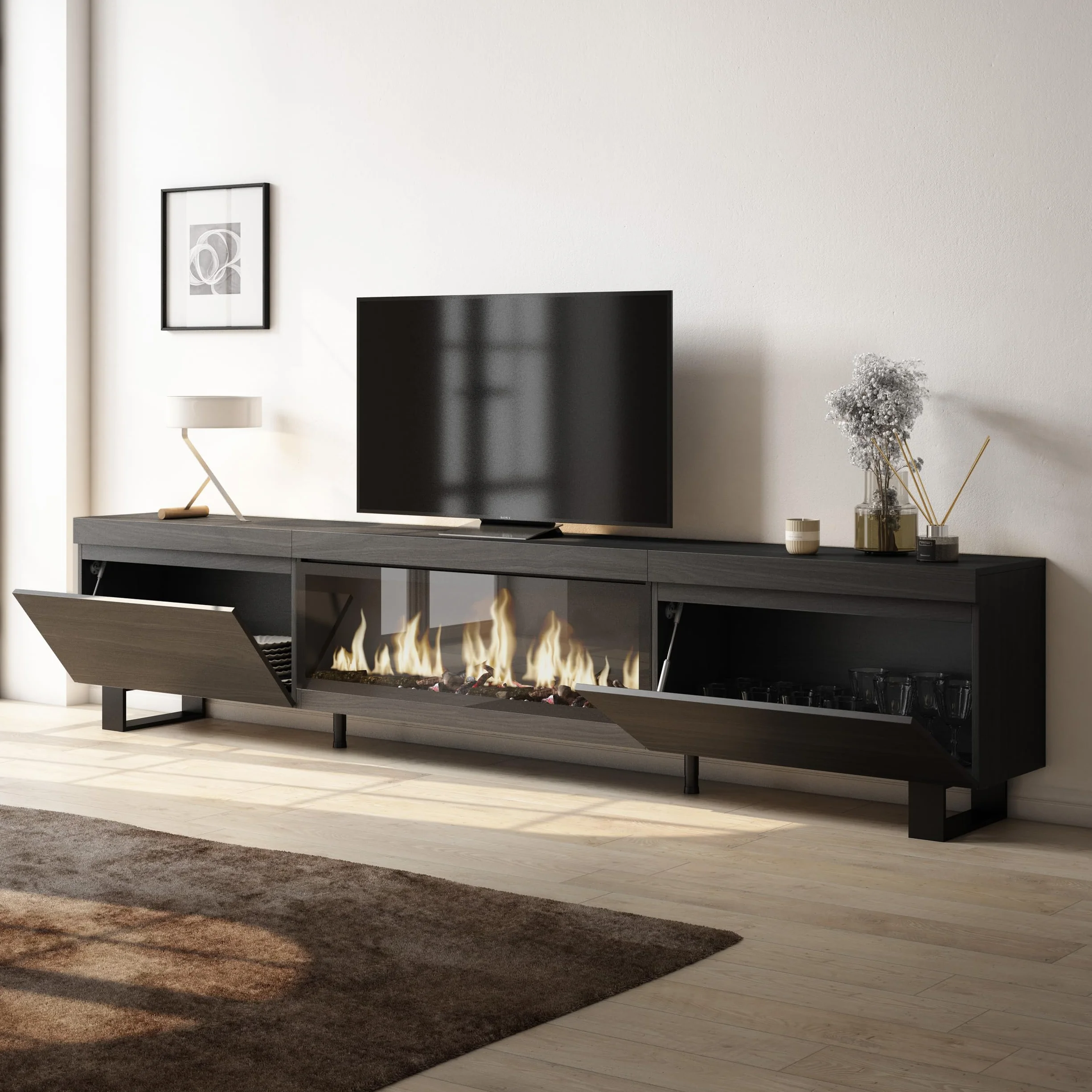 Skraut Home | Mueble TV | Televisión | Muebles de salón, almacenaje | 267x57x35 cm | para TV Gran Formato | Chimenea eléctrica XXL | Diseño Industrial | Estilo Moderno | Negro