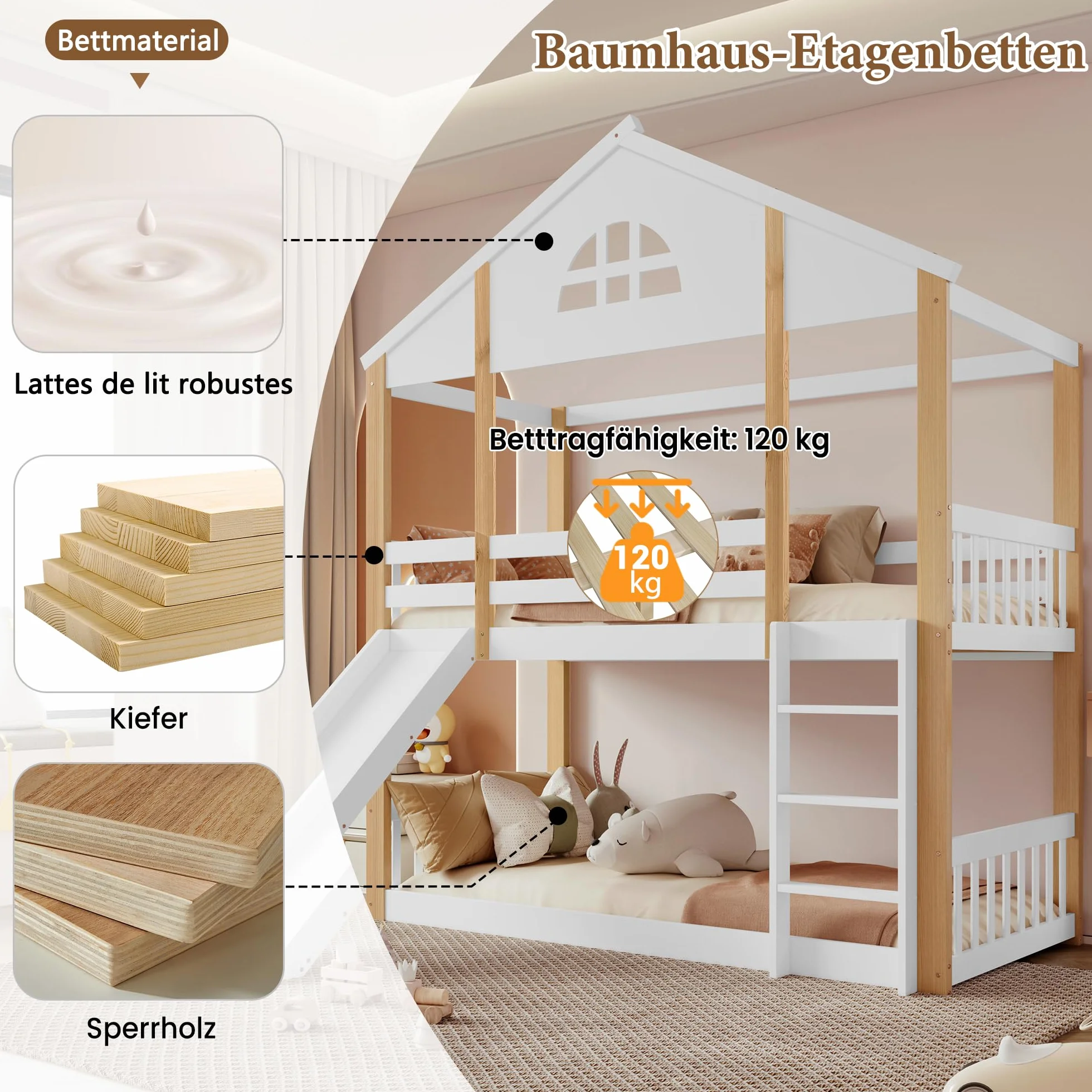 Soweiz Litera Infantil con Tobogán y Escalera, Cama Alta Casa de Madera, 90x200 cm
