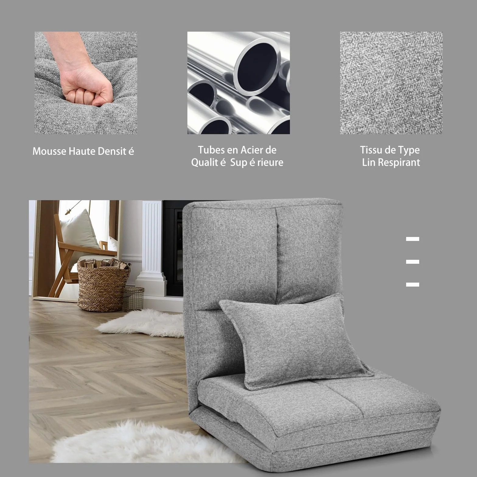 GOPLUS Sofá de Suelo Ajustable en 5 Posiciones, Silla Plegable, Sofá Convertible 1 Plaza, Silla Perezosa para Salón, Oficina, 176 x 61 x 18 cm, Carga 100 kg (Gris)