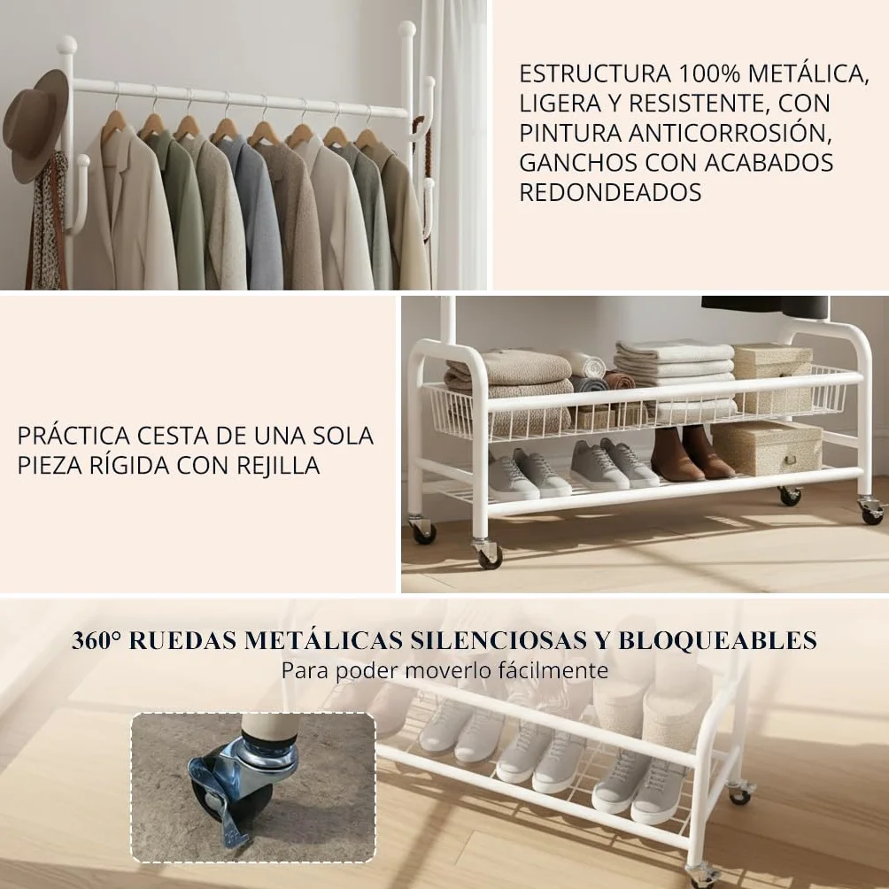 Burro Ropa Resistente con Ruedas y Freno - Perchero Burro Ropa Portátil con Cesta y Estante - Armario Ropero Abierto de Acero al Carbono para Interior - 172x90x28cm - Fácil Montaje - 60kg