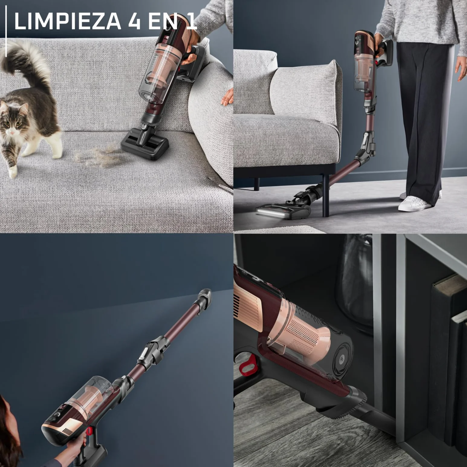 Rowenta X-Pert 6.80 Flex, Aspiradora Escoba Sin Cable, Autonomía de hasta 60 Minutos, con Luces led, Limpieza 4 en 1, Ligera, Smart Control Display, Modelo Animal Flex, Burdeos, RH6493E0