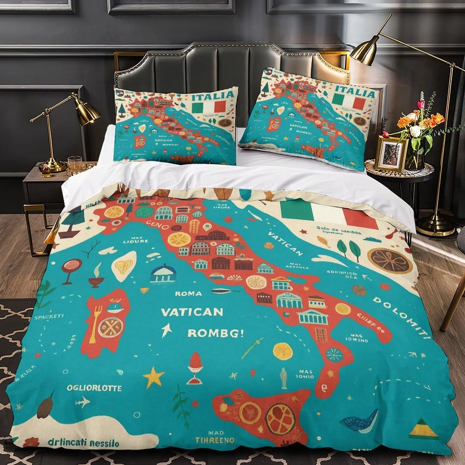 Guía de Viaje de Italia Impresión 3D 3 Piezas cubrecama Estilo de Mapa ilustrado Funda de edredón Microfibra Transpirable Cierre Cremallera para Chicos bebés Mujeres King（220x240cm）