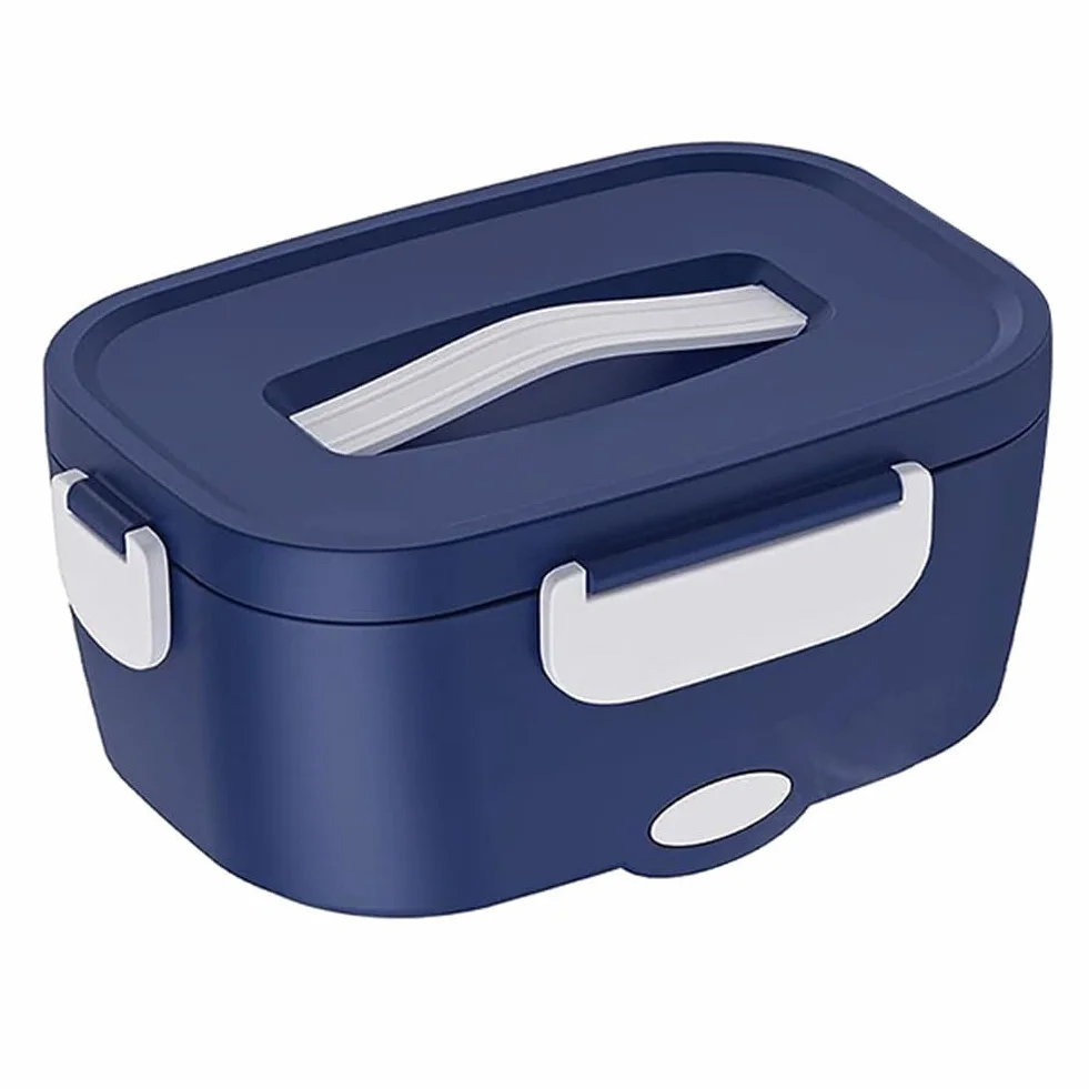 Fiambrera Aislante portátil de Doble Compartimento, Calentador de Alimentos portátil, para Coche, casa, Oficina, Viajes, con Recipiente de Acero Inoxidable(Blue+White Buckle Handles)