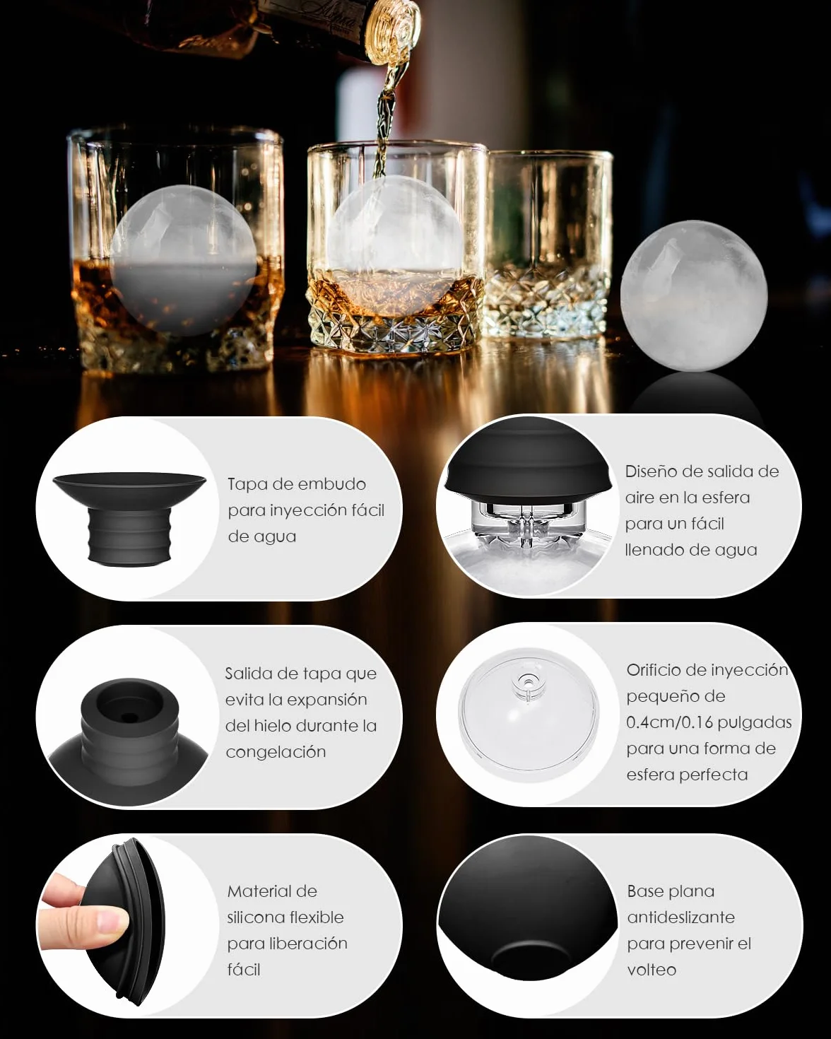 Bandeja de Hielo Circular Reutilizable 6 cm para Cubitos de Hielo con Tapa de Embudo - Cubiteras Grandes Redondos para Whisky, Cócteles y Vino (4 pcs)
