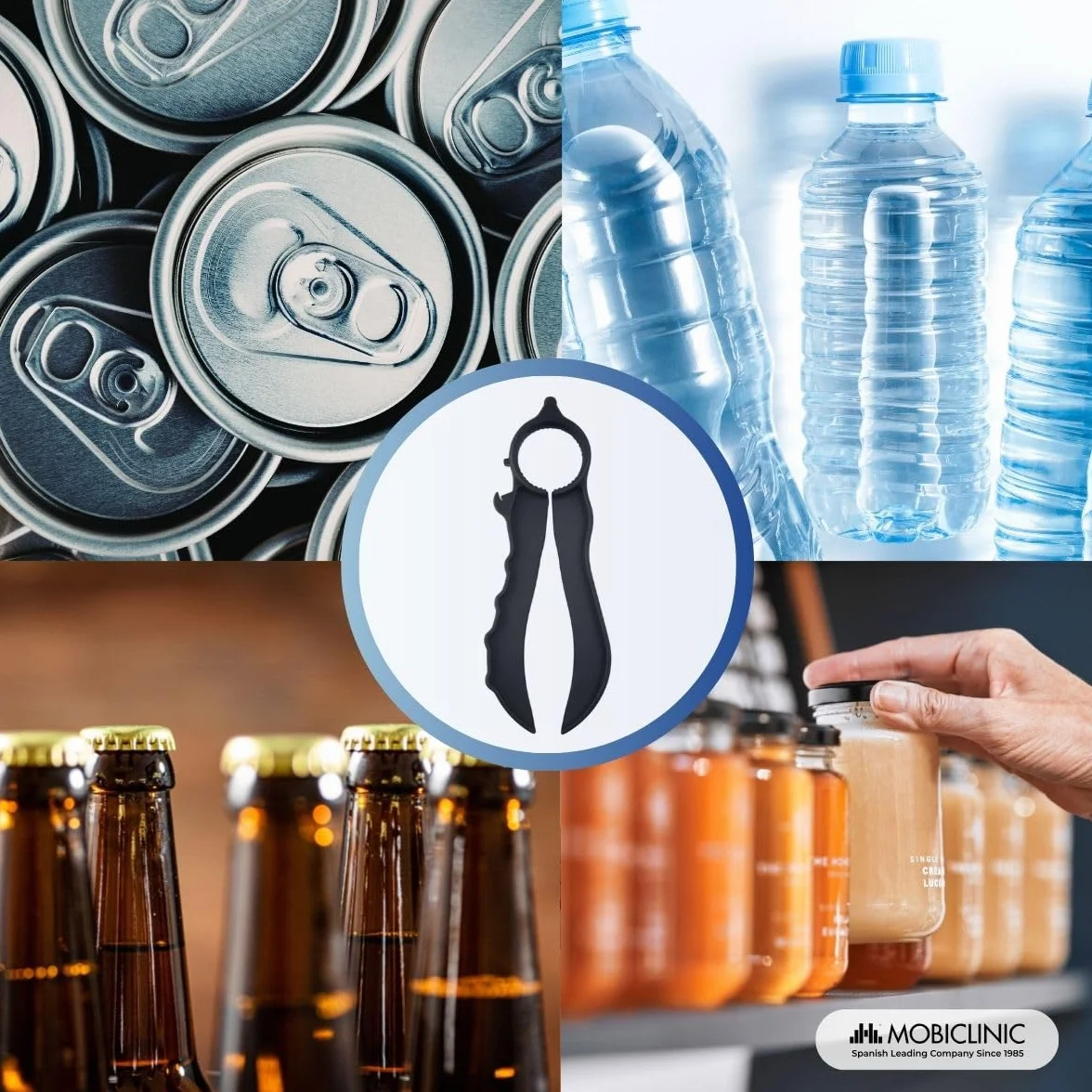 Mobiclinic®, Abrebotellas Ergonómico, Antideslizante, Multifunción, para Tapones, Botes y Latas, Ligero y Compacto, Fácil Uso, Personas Mayores y con Movilidad Reducida, Niños, Negro