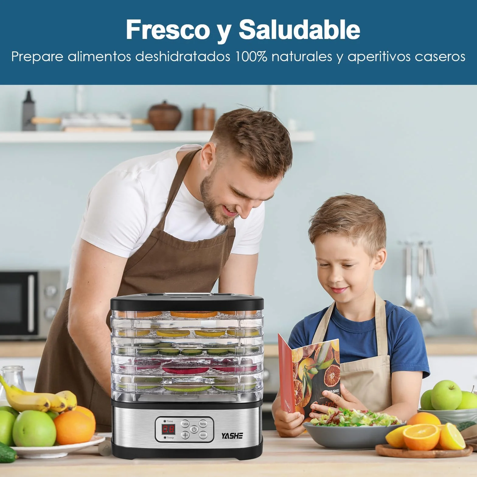 YASHE GGJ-261B Deshidratador de Alimentos, 240W, 5 Bandejas Ajustables, Control de Temperatura 35-70°C, Temporizador 72h, Sin BPA