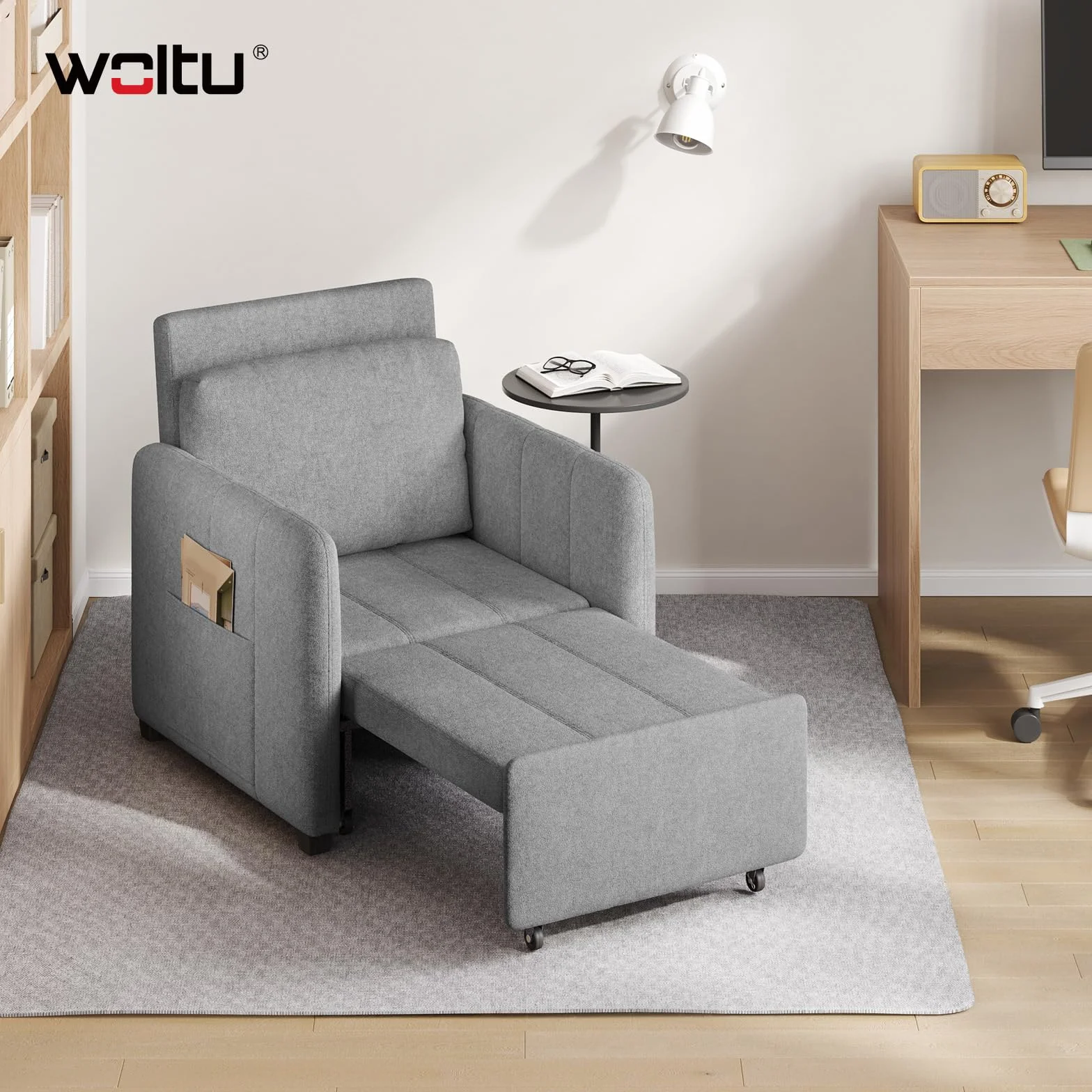 WOLTU Sofá Cama 3 en 1 con Función Inclinable, Sofa Cama Individual de 1 Plaza, Sillón Plegable de Tejido de Rizo y Acolchado de Esponja, Gris Claro