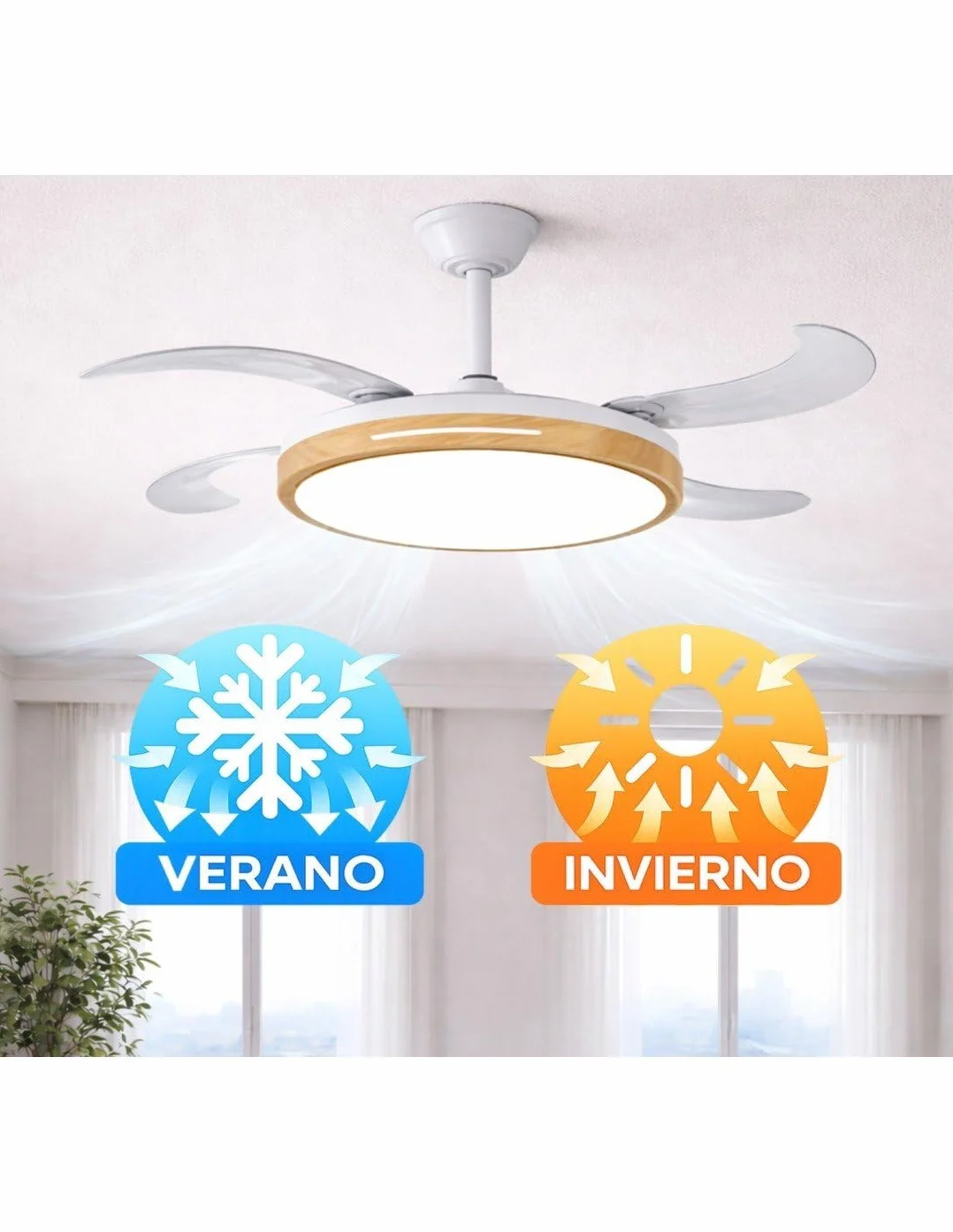 JARDIN202 - Ventilador de Techo con Aspas Retráctiles, Motor DC, Temporizador, Luz LED Regulable, Mando a Distancia, 6 Velocidades | 50 cm (Vejer Wifi Madera)