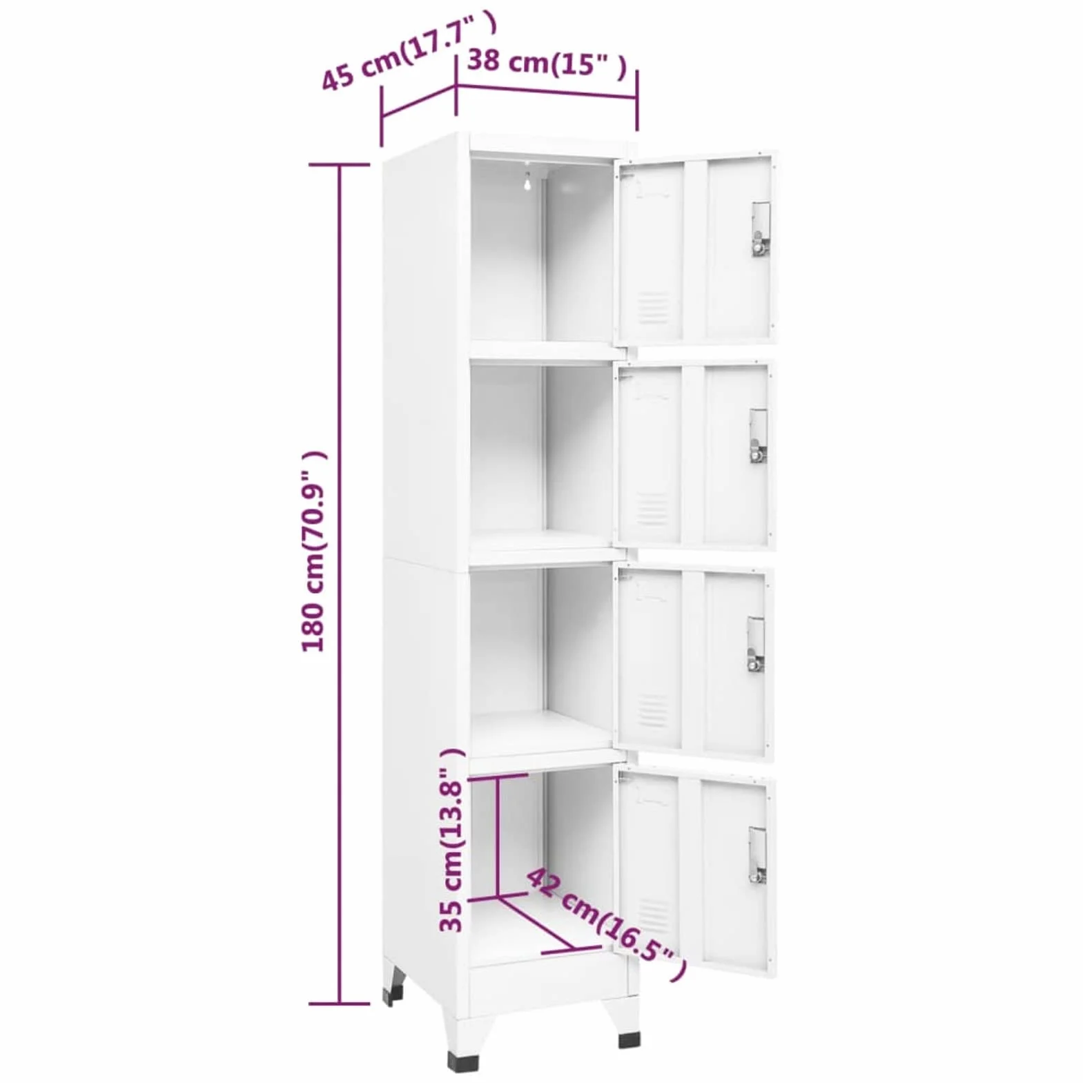 Armario Metálico Taquilla Vestuario 4 Puertas con Cerradura Blanco 38x45x180 cm