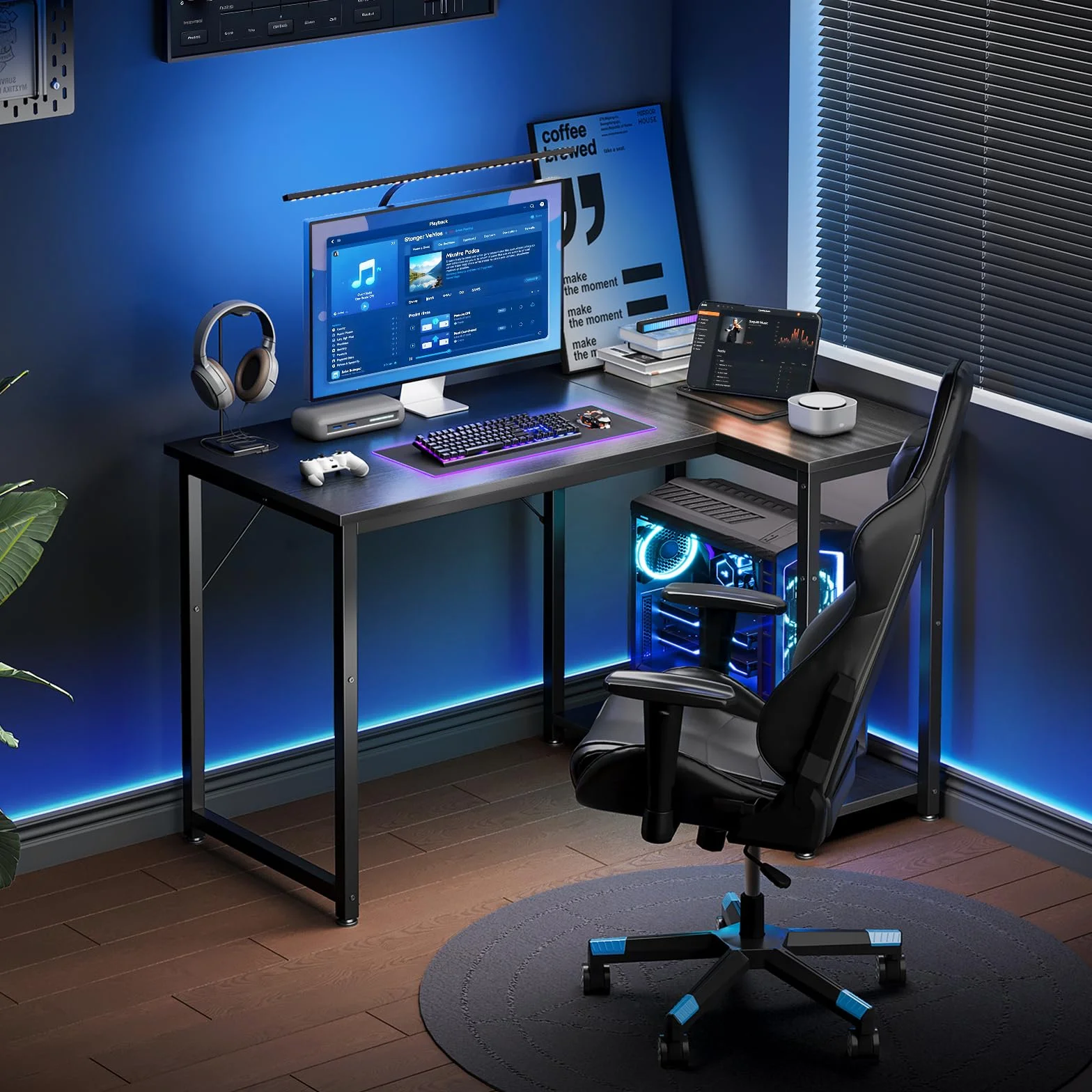 Coleshome Escritorio Gaming Esquinero 100x70cm con Estante Reversible, Negro