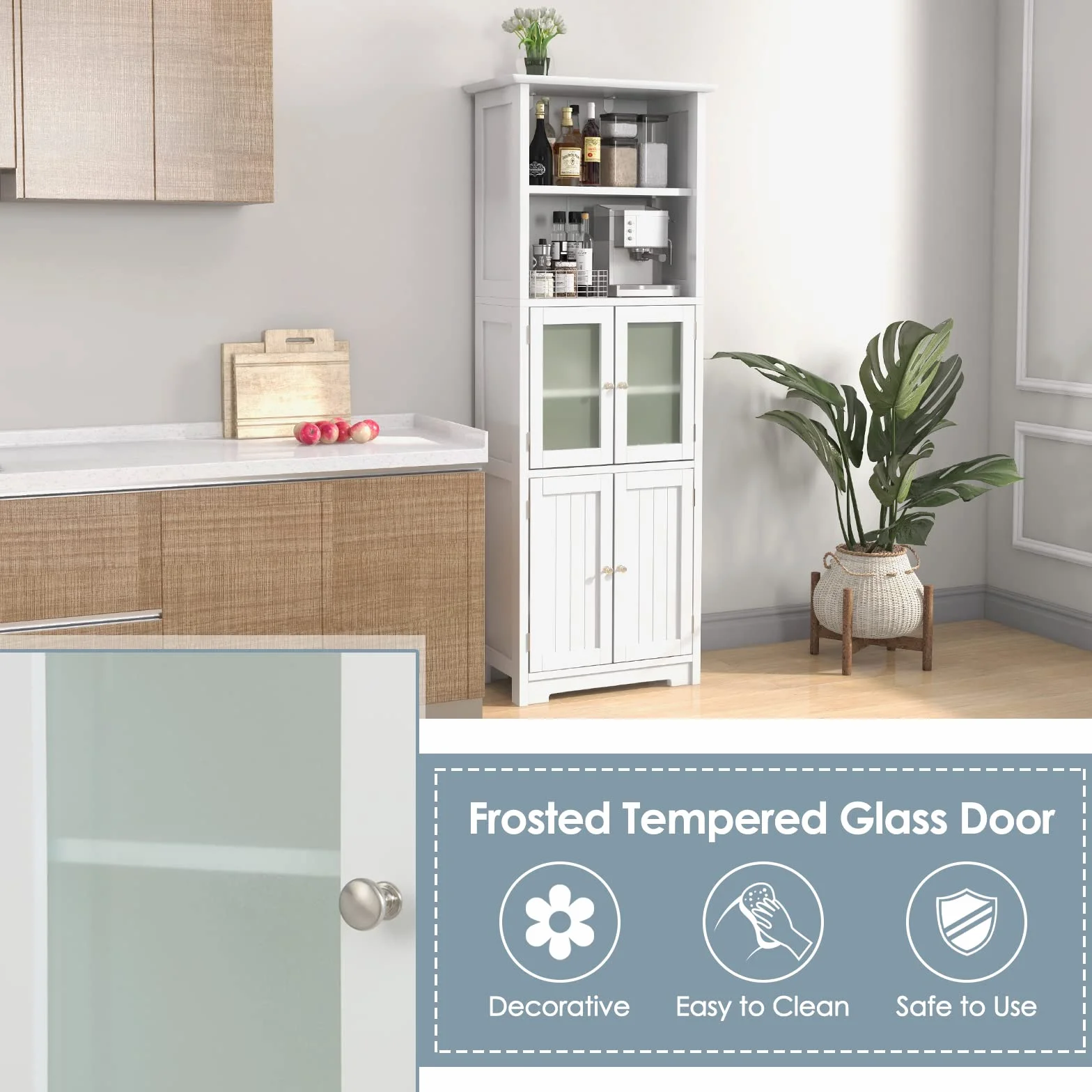 GIANTEX Armario de Almacenamiento Alto, Gabinete de Baño con Puerta & Estante Ajustable, Organizador Independiente de Suelo para Dormitorio, Cocina, Sala de Estar, Blanco,60 x 30 x 163 cm (Blanco)
