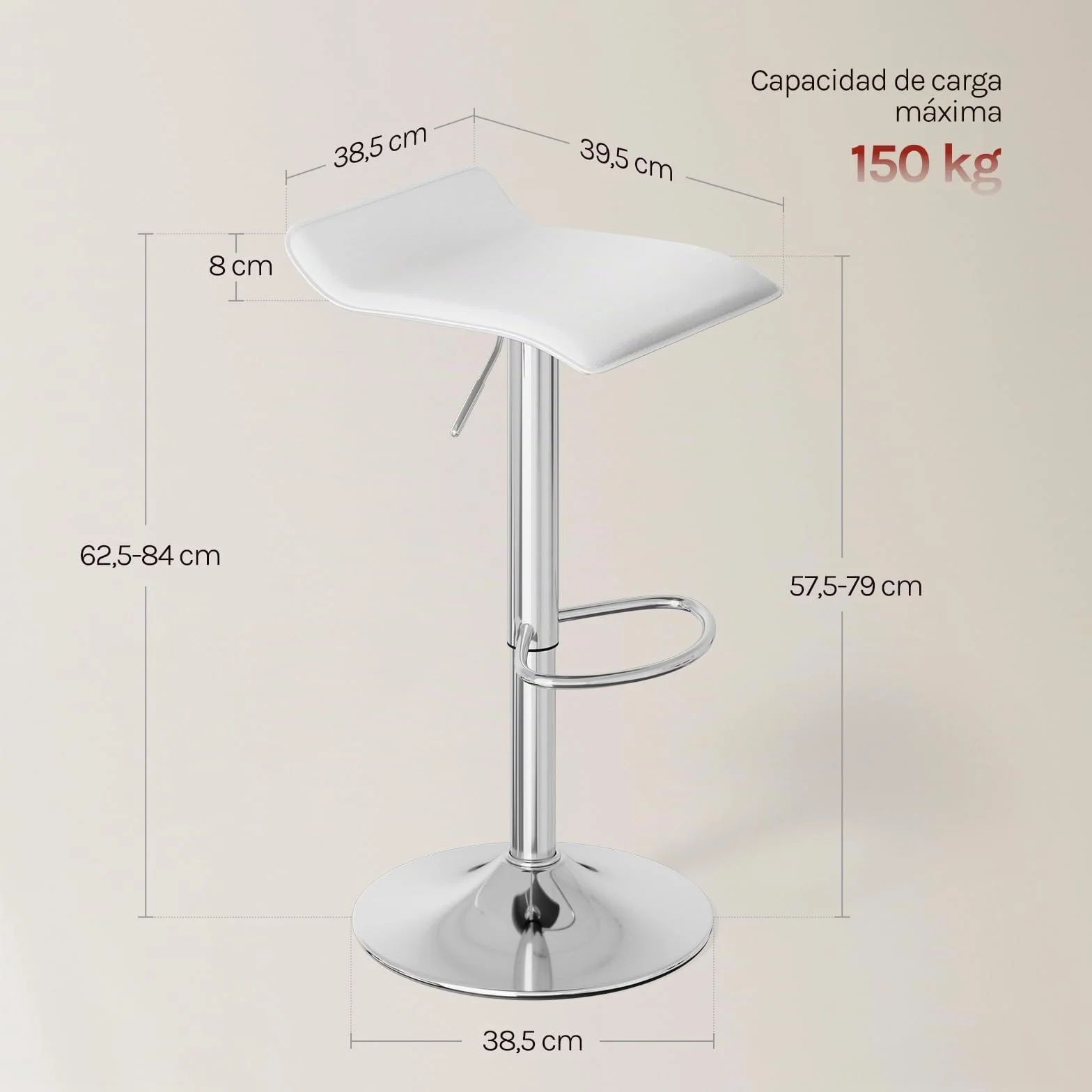 WOLTU Taburetes Cocina Giratorios 360° Altura Ajustable Asiento PVC Blanco+Plata