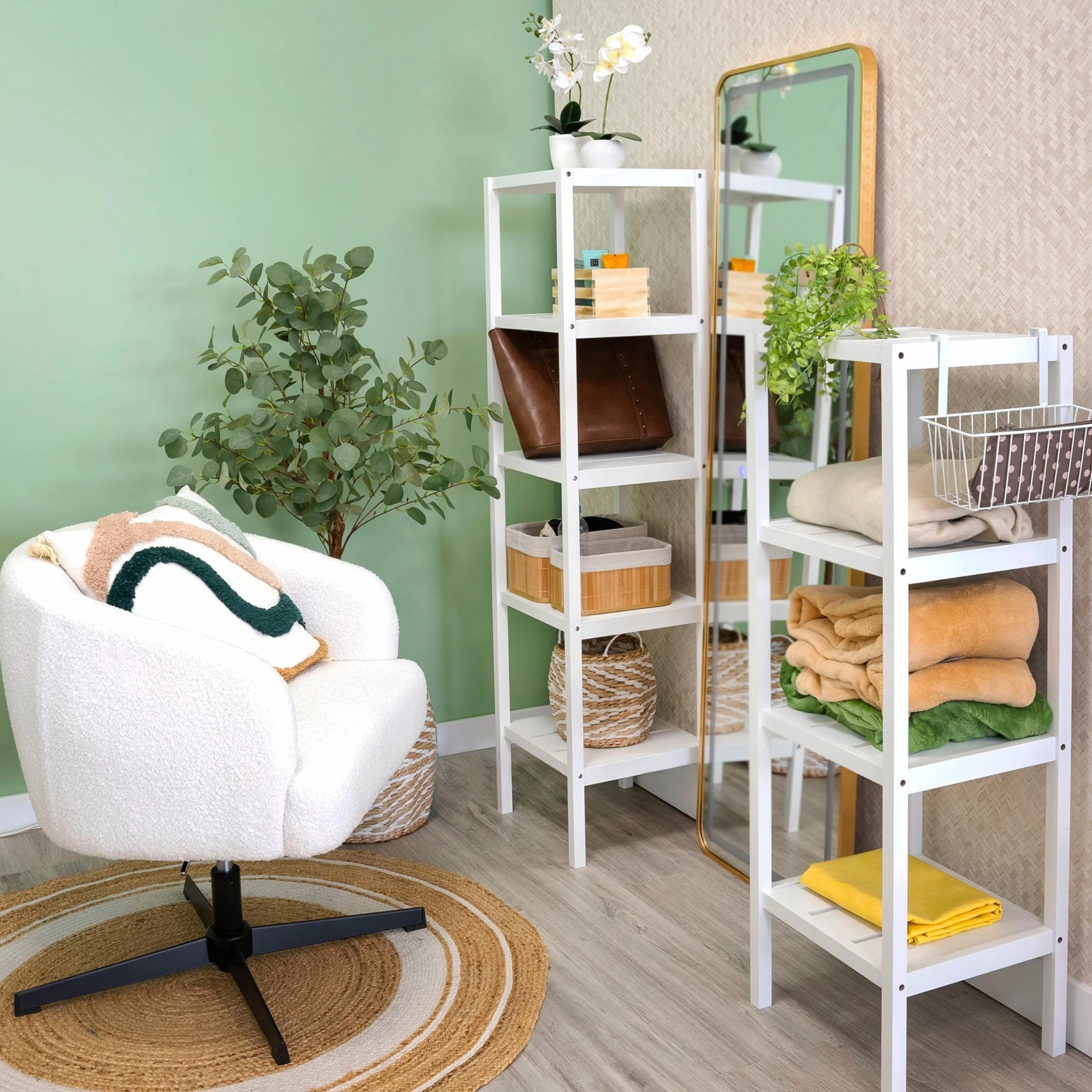LOLAhome - Sillón Giratorio Regulable en Altura tapizado Borreguito Blanco para salón o Dormitorio. Diseño Redondo Moderno y ergonómico Que aporta Elegancia, Estabilidad y un Tacto Acogedor