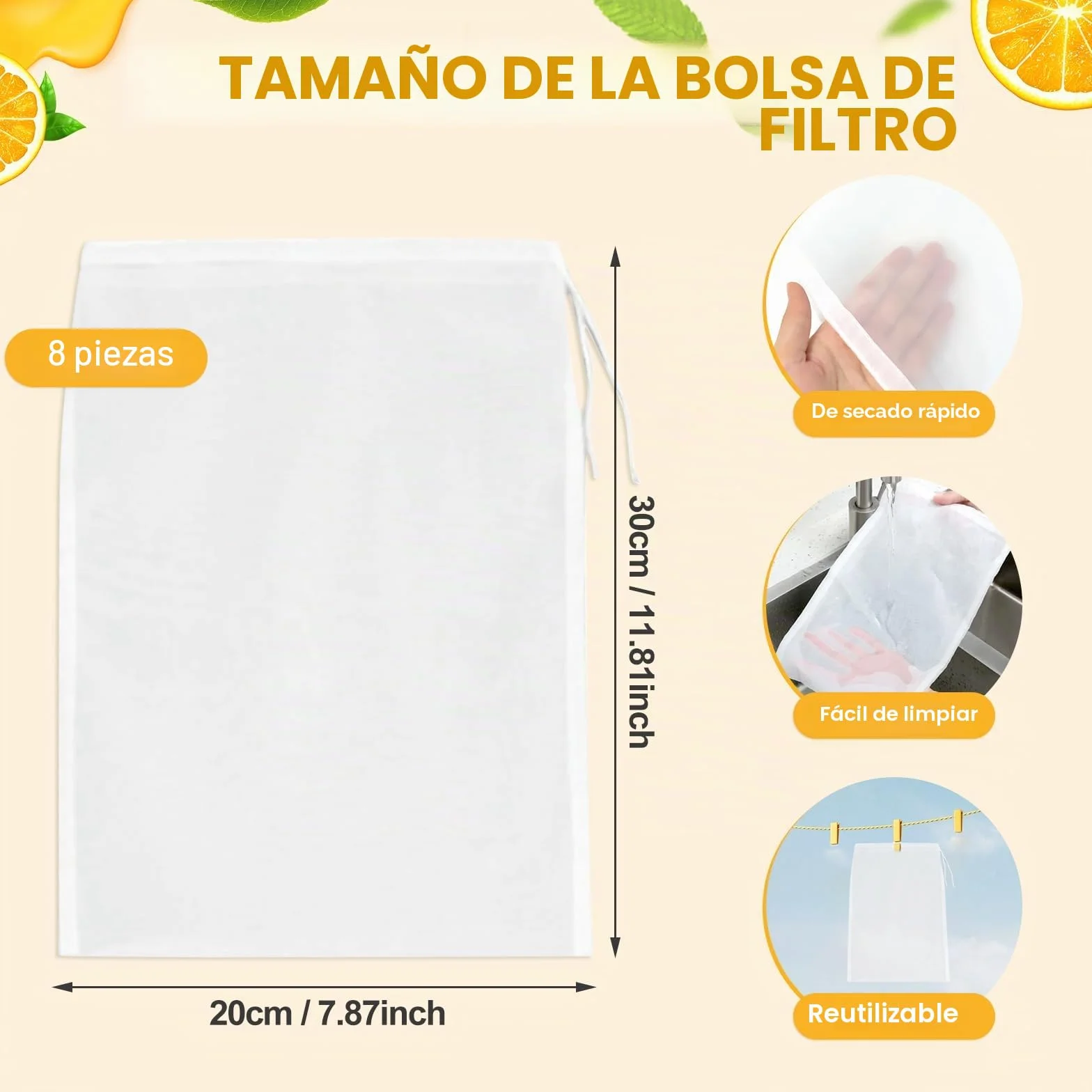 Bolsas de Leche de Nueces Reutilizables, 20 x 30 cm, Filtro de Nailon para Queso, Zumo, Café