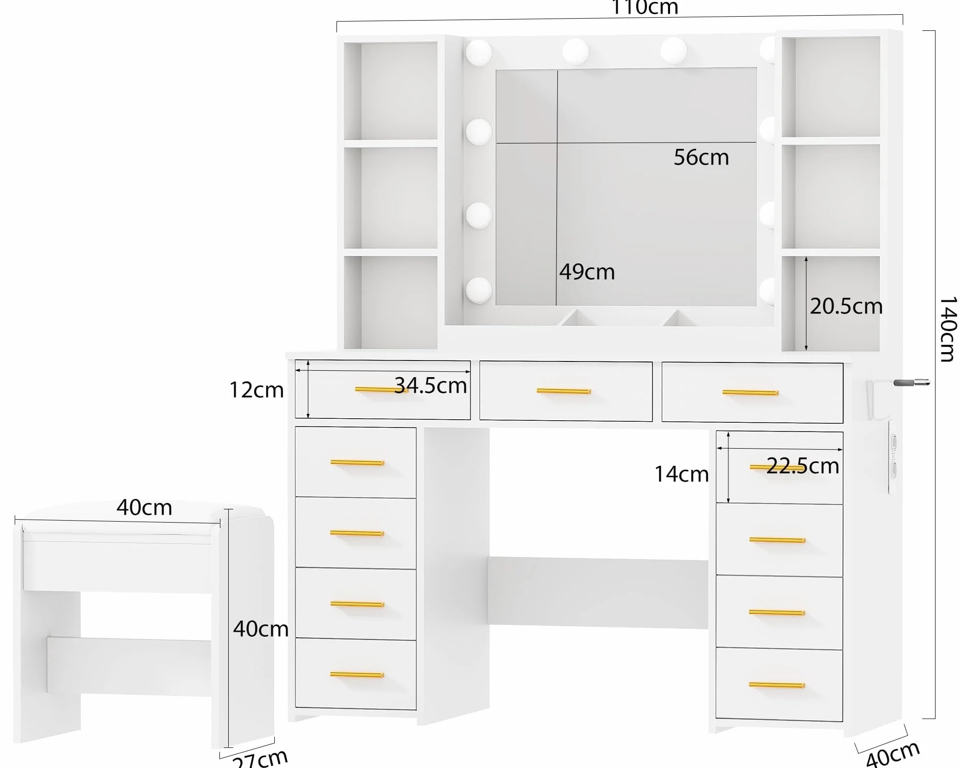ANWBROAD Tocador de Maquillaje Grande con Luz LED y Enchufes 140x110x40cm BDT86W