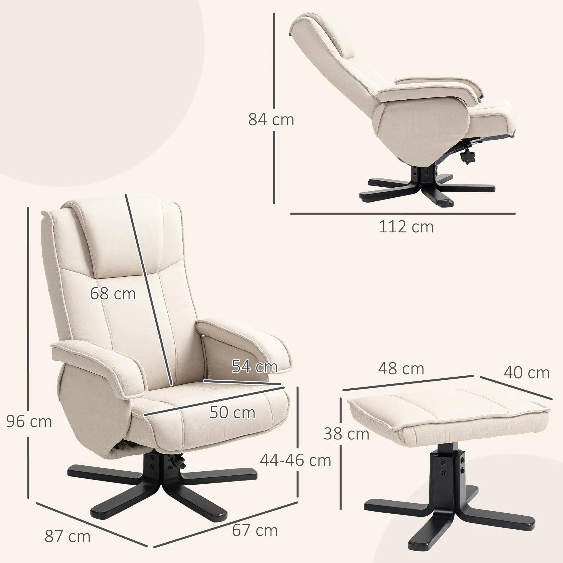 HOMCOM Sillón Relax Reclinable con Reposapiés Butaca de Salón Giratoria Tapizado en Lino con Base de Madera Butaca para Dormitorio Sala de Estar Beige
