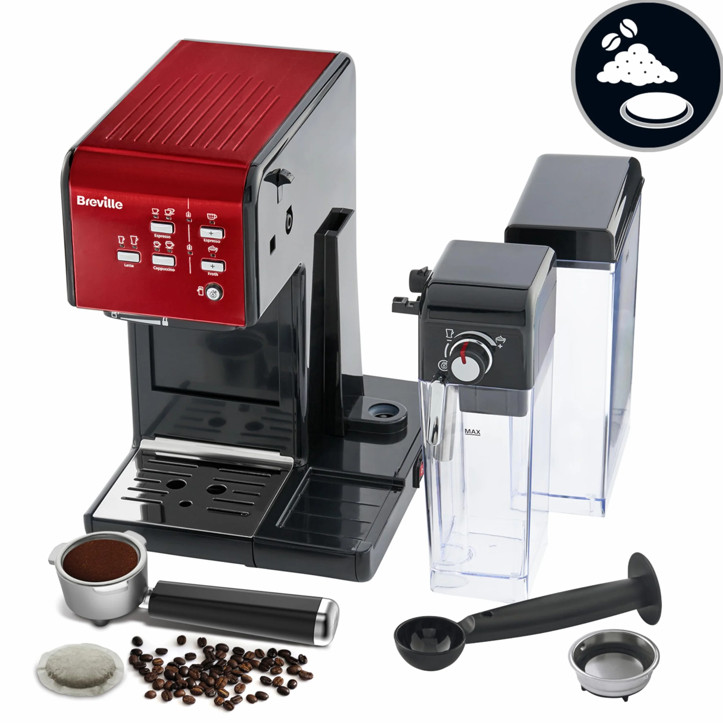 Breville Prima Latte II Espresso | Cafetera para latte y capuchino | Bomba profesional de 15 bares y espumador | Rojo [VCF109X]