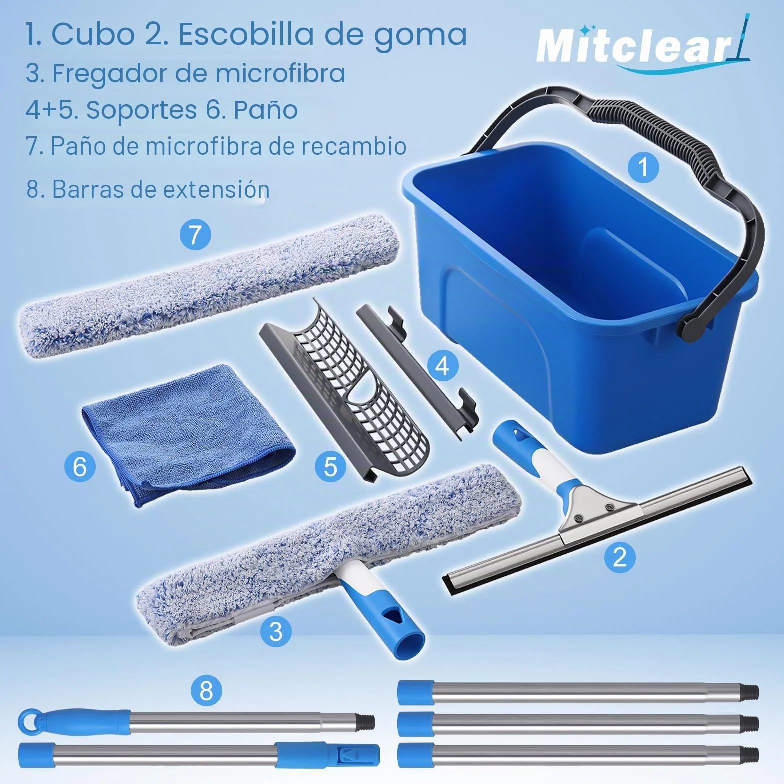 Mitclear Kit de Limpieza de Ventanas 8 Piezas, Cubo 12L, Escobilla Silicona 35CM, Rasqueta 35CM, Mango 196CM