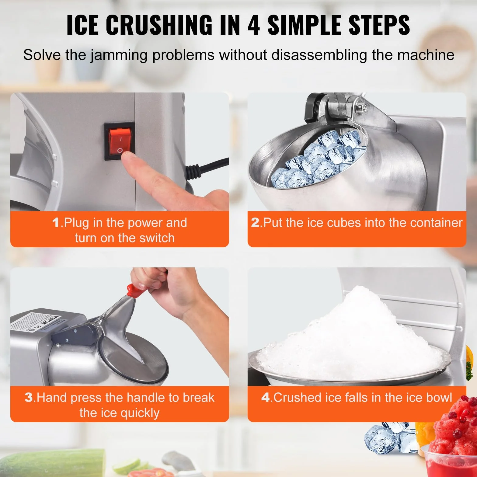 VEVOR Máquina para Picar Hielo Eléctrica 100 kg/h Picadora de Hielo Comercial 300 W Cabezal de Acero Inoxidable 4 Cuchillas