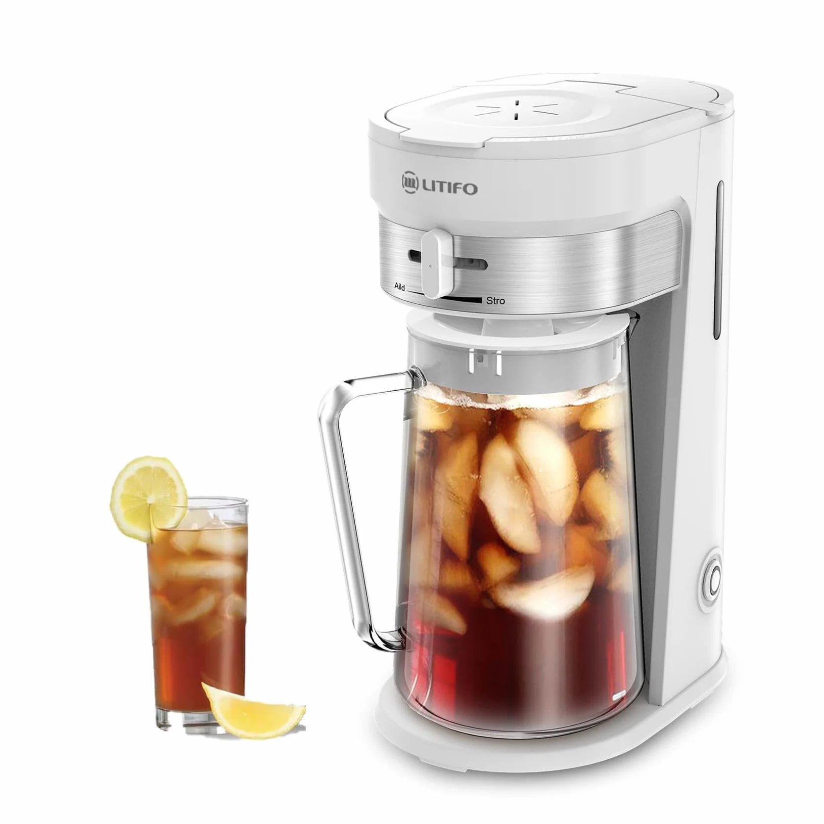 LITIFO - Máquina de té helado y cafetera helada con jarra de 2.5 cuartos de galón, selector de fuerza deslizante para personalización del sabor, acero inoxidable (blanco)