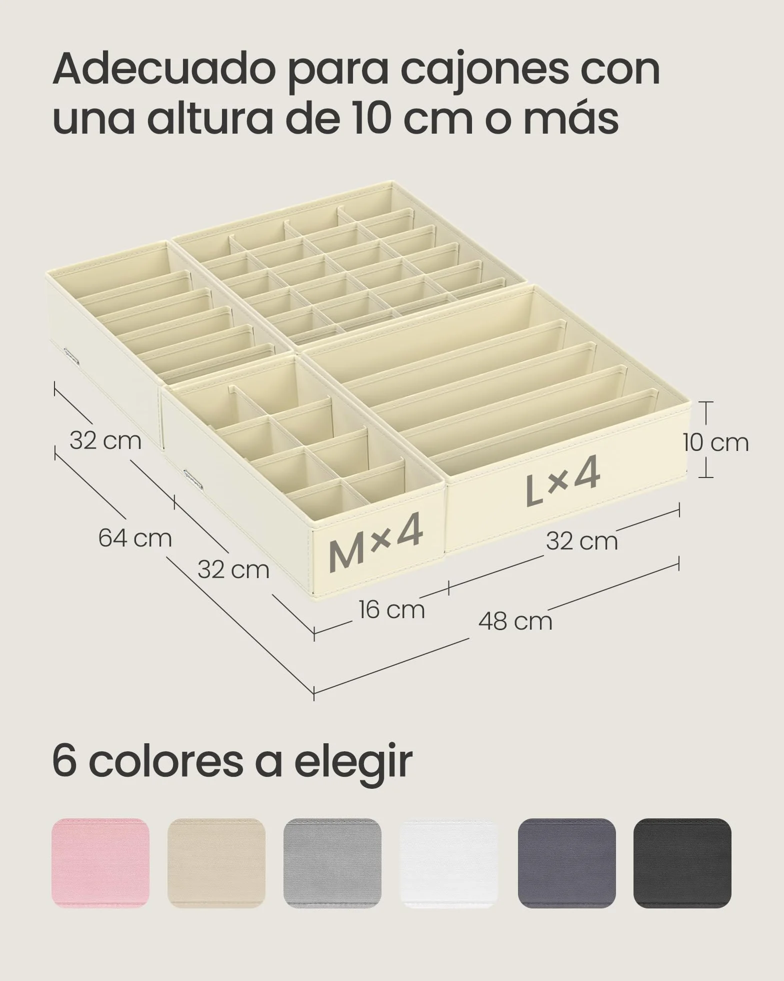 SONGMICS 8-Pack Organizadores para Cajones de Ropa Interior, Divisores Plegables, Cajas de Tela para Armario, Beige