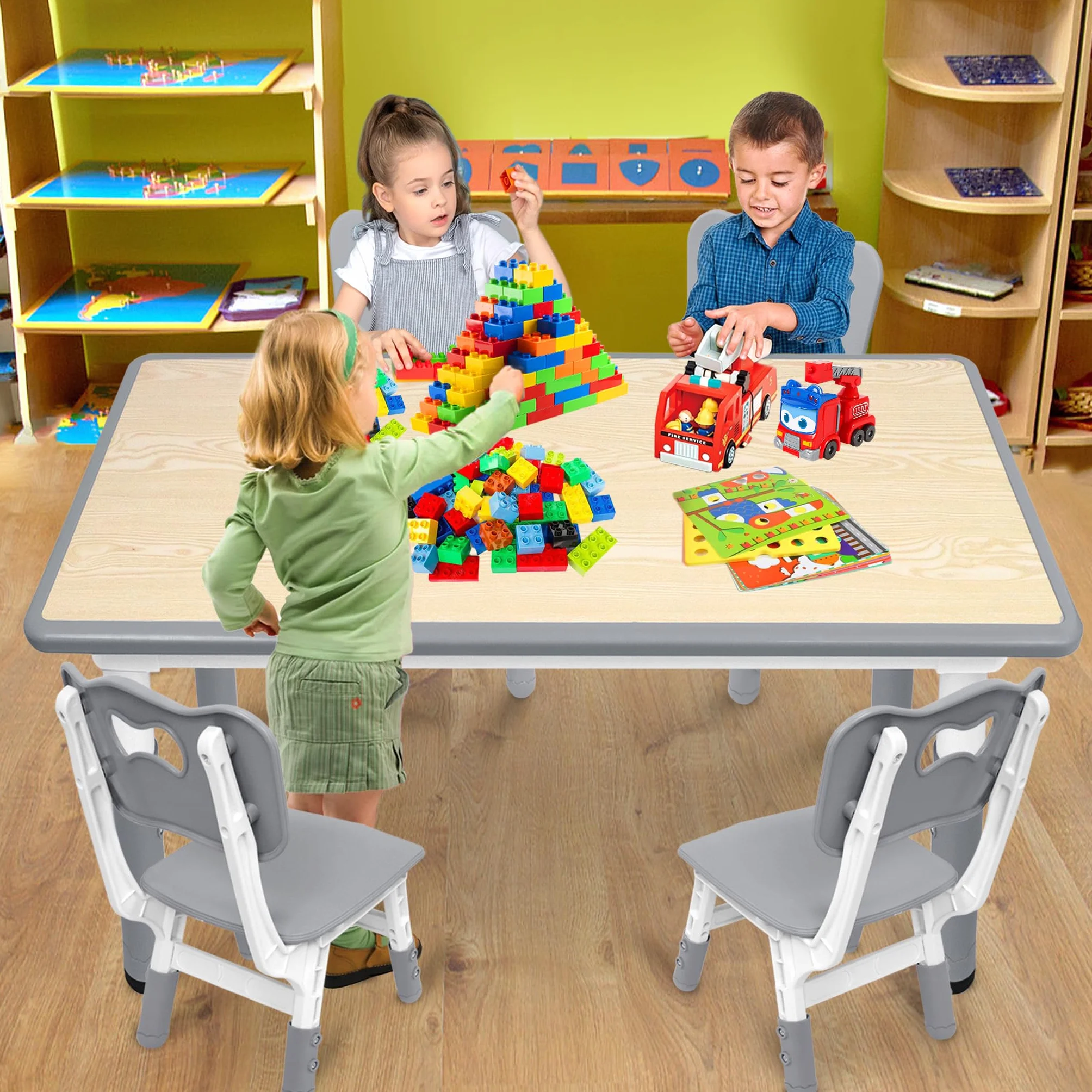 UISEBRT Mesa infantil con 4 sillas, grupo de asientos para niños a partir de 2 años, juego de mesa de plástico para guarderías y habitaciones infantiles, color gris