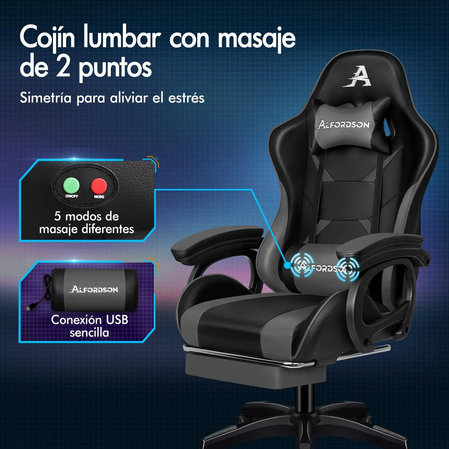 ALFORDSON Silla Gaming Ergonómica Reclinable con Masajeador, Cuero PU Gris