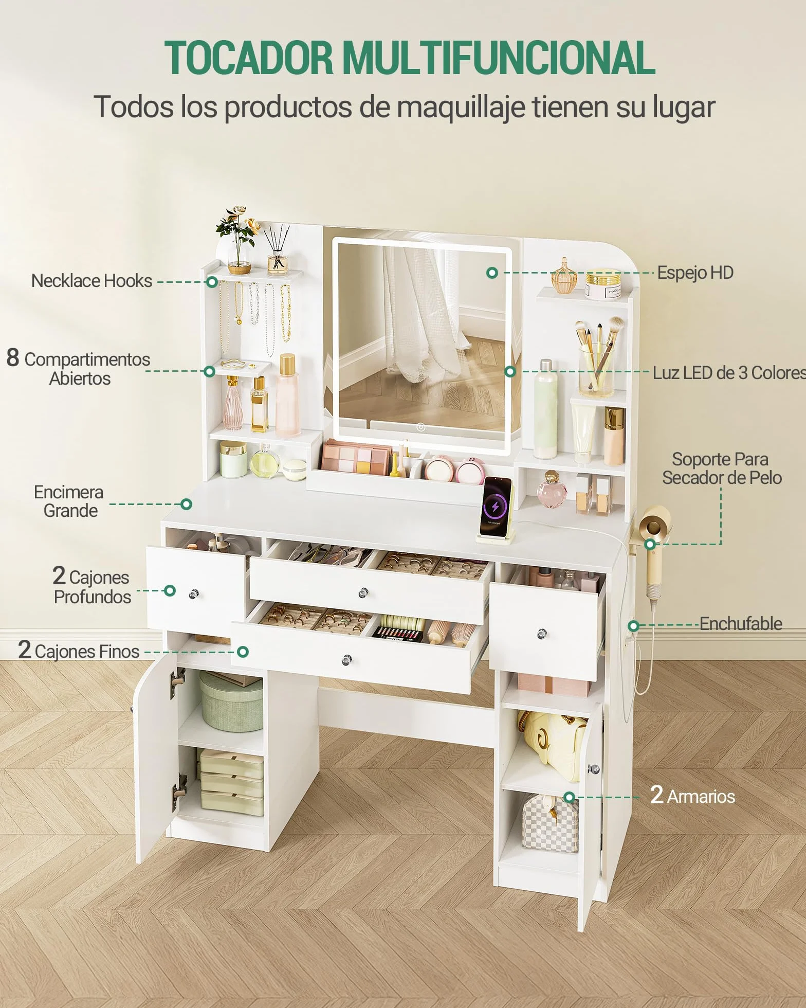 Hzuaneri Tocador con LED, Tocador de Maquillaje con Enchufe y Soporte para Secador de Pelo,108 cm Tablero, con 2 Cajones Grandes con Espacio para Guardar Joyas, 2 Armarios, 40 x 108 x 145 cm Blanco